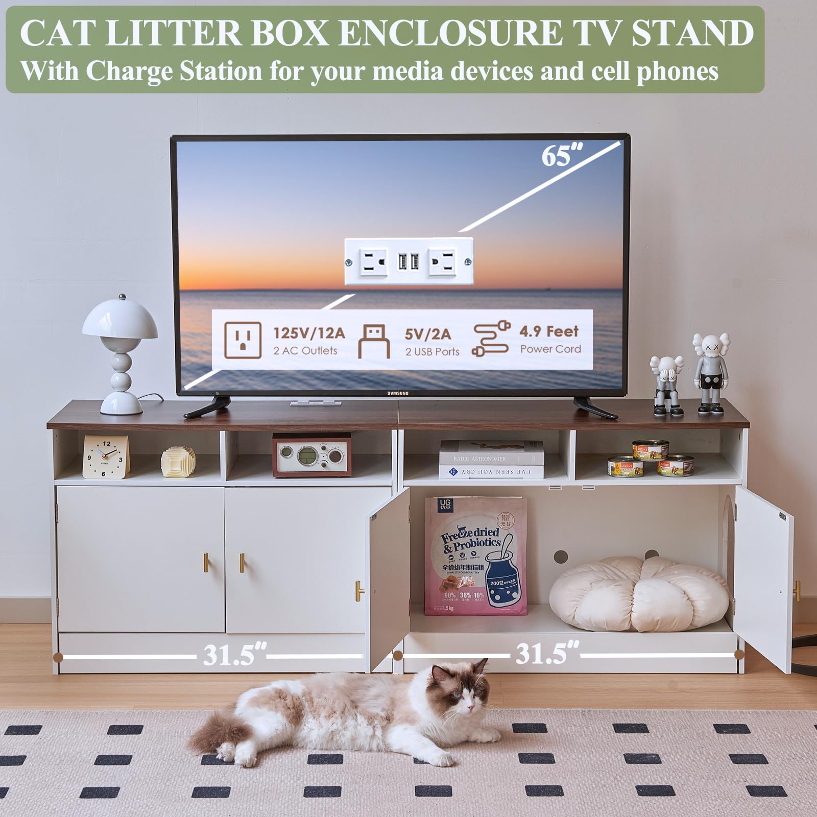 Janflyhome Double Cat Litter Box Enclosure For 2 Cats, 63' Wooden Hidden Cat Litter Box Furniture With Power Outlet, Sliding Bo