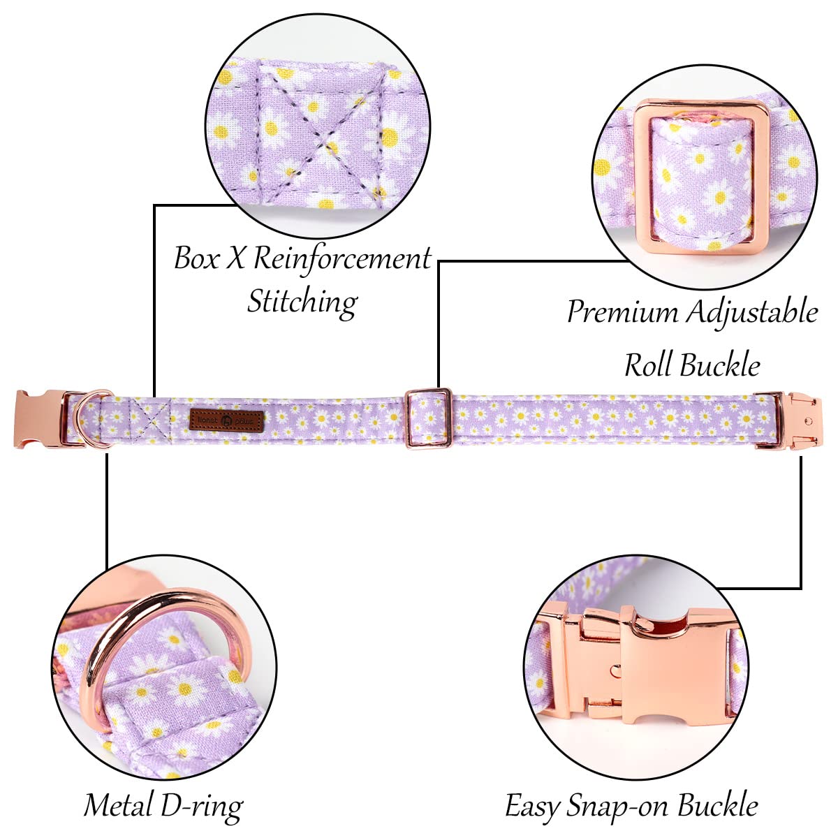 Lionet Paws Dog Collar, Comfortable Adjustable Cute Collar With Metal Buckle For Male Female Dogs, Purple Daisy, Small, Neck 10-