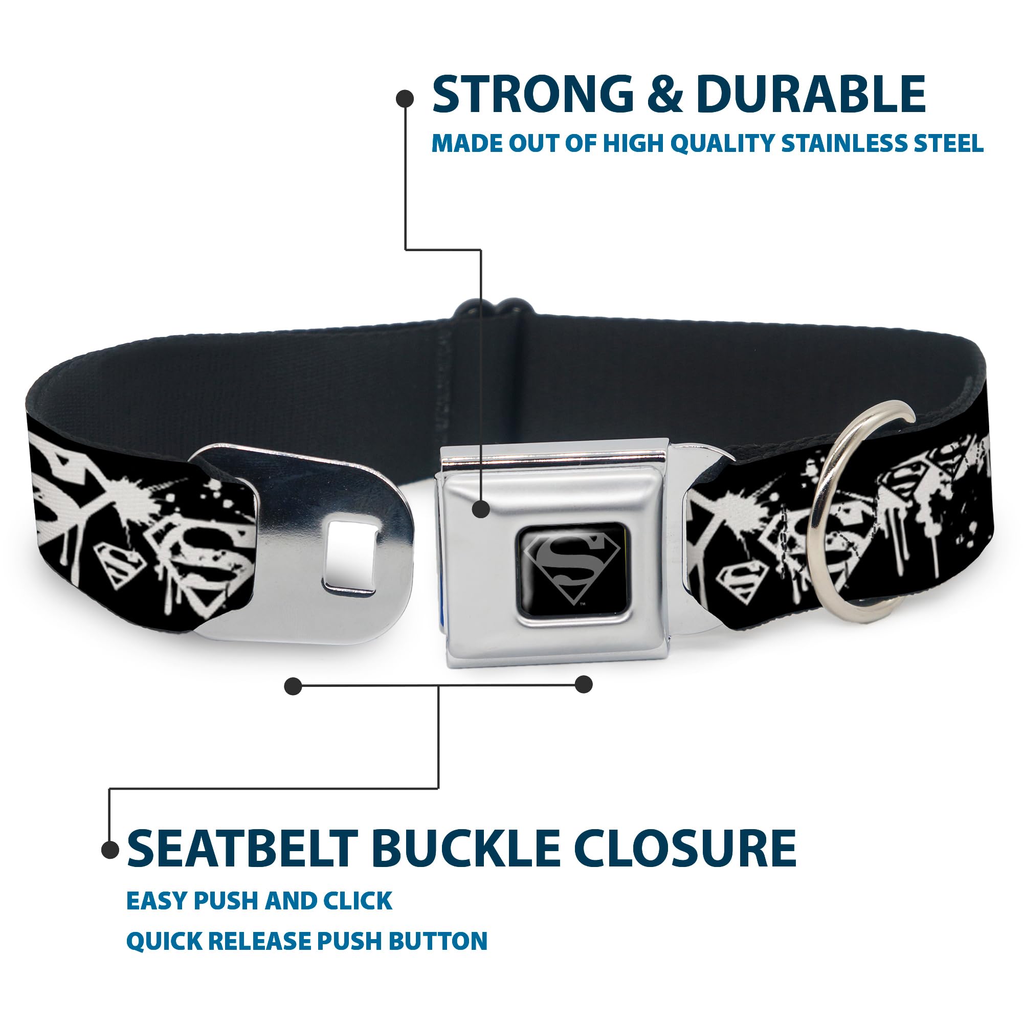Buckle-Down Seatbelt Buckle Dog Collar - Superman Shield Splatter Black/White - 1' Wide - Fits 9-15' Neck - Small