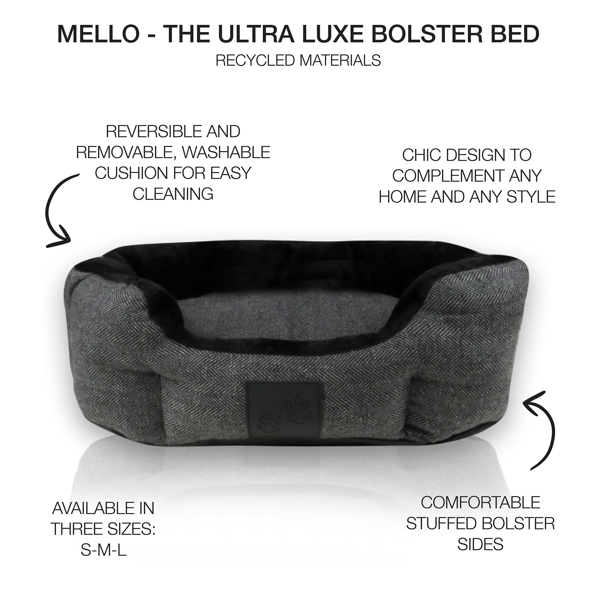 Pet Passion Mello- The Ultra Luxe Bolster Dog Bed With Removable Washable Pillow For All Pet Breeds, Charcoal Tweed, Small