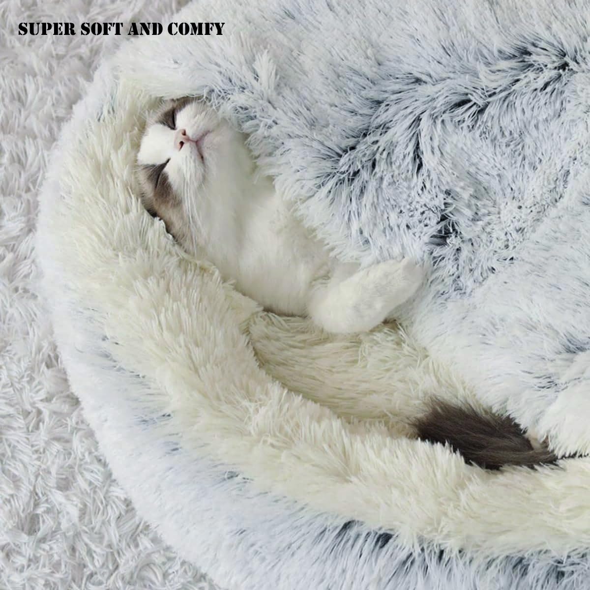 Zanesun Calming Round Dog Beds &Cat Cave Bed With Hooded Cover,Plush Fluffy Dog Bed Anti-Anxiety Cat Cave Bed,Waterproof Bottom