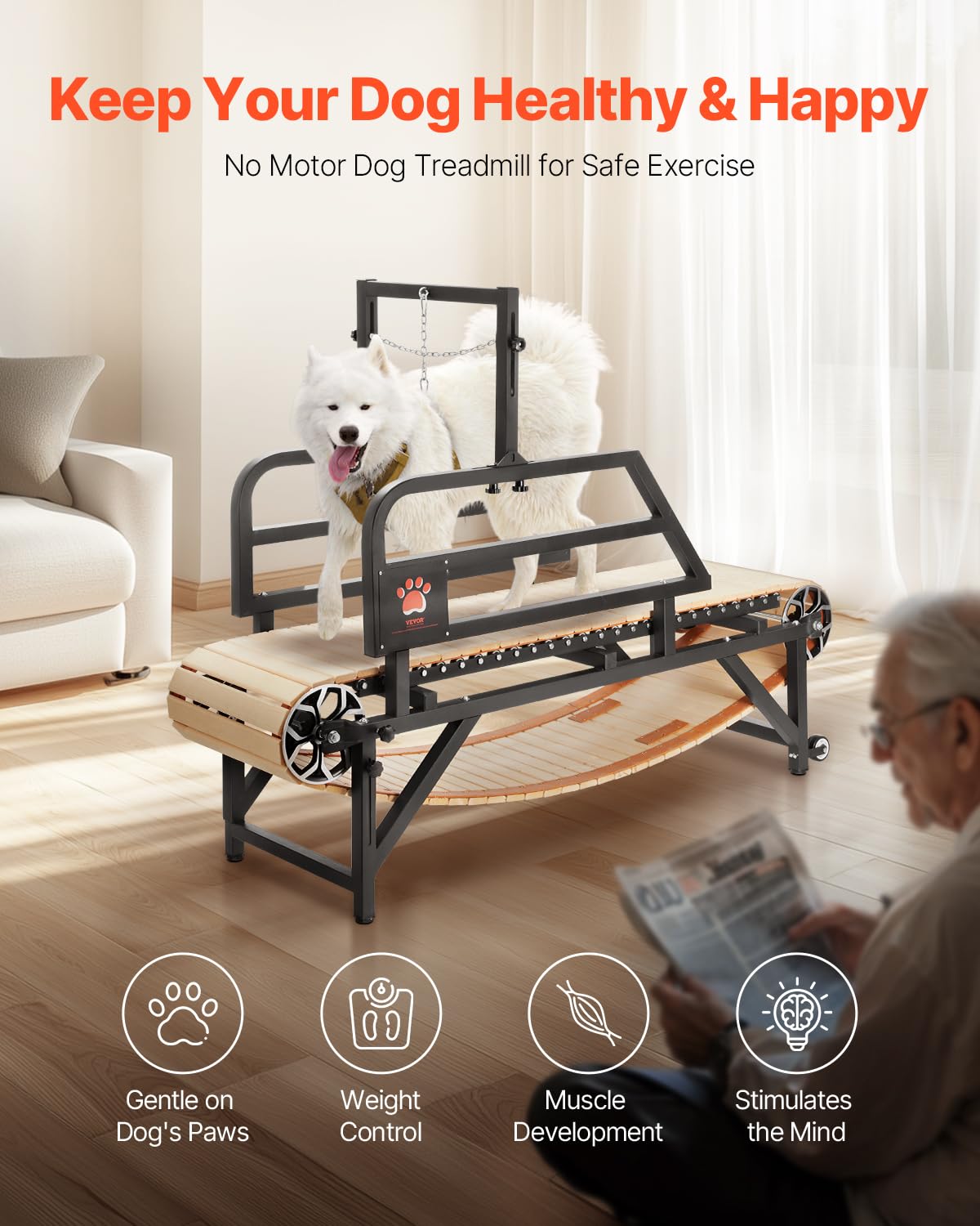 VEVOR Dog Treadmill for Large Dogs with Brake, Slat Mill for Dogs w/ 3 Adjustable Ramps, Doggy Tread Mill Dog Pacer, Slat Mill f