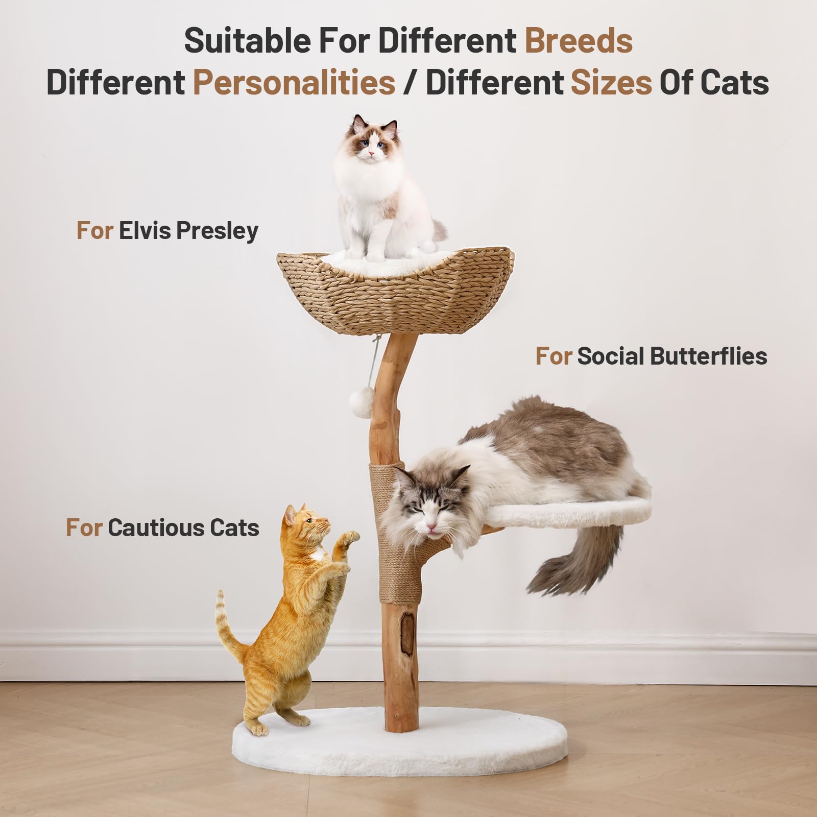 Bumubi Modern Cat Tree Tower Solid Wood For Indoor Cat Large Adult Cat Climbing Condo With Scratching Post Bed And Stand