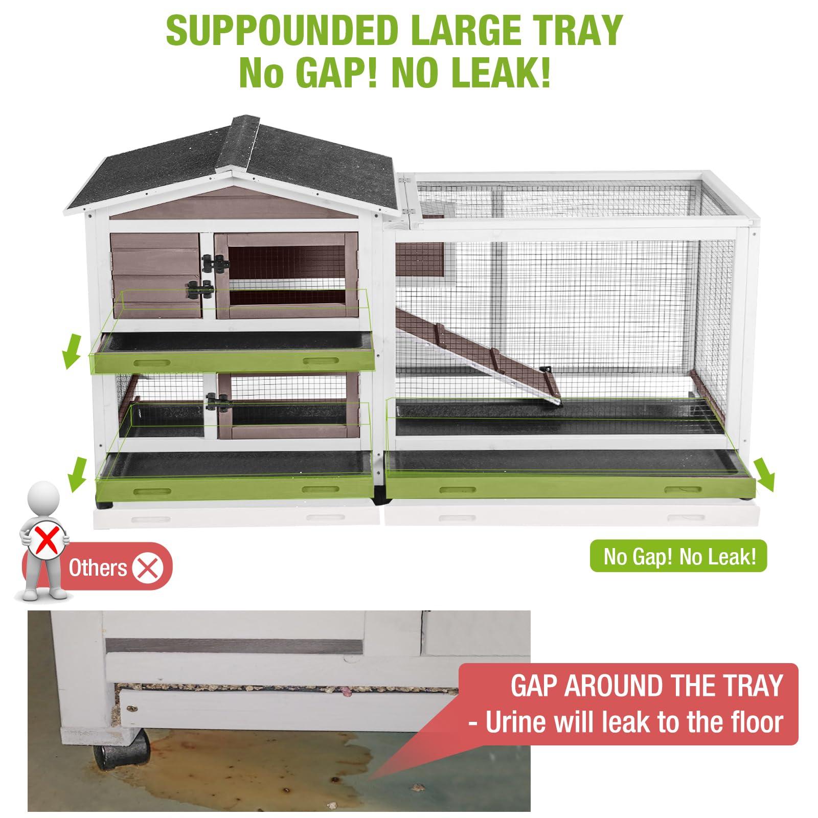 Gutinneen Rabbit Hutch With Chew-Resistant Ramp Indoor Bunny Cage Outdoor Guinea Pig Cage With Wheels And Leakproof Tray