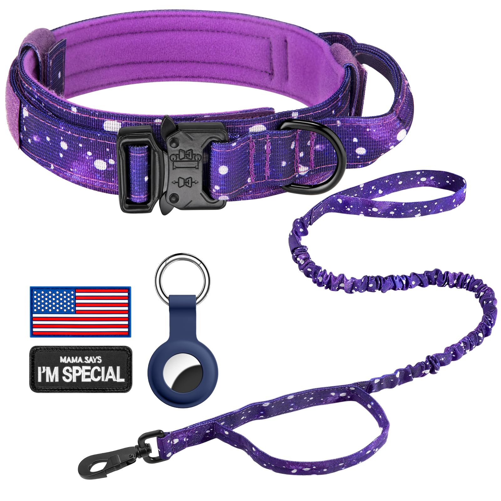 Daganxi Tactical Dog Collar, Adjustable Military Training Nylon Dog Collar With Control Handle And Heavy Metal Buckle For Medium And Large Dogs, With Patches And Airtags Case (Xxl, Purple Sky-Set)