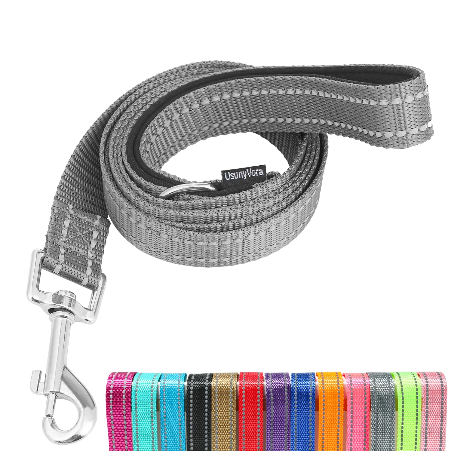 Usunyvora Reflective Nylon Dog Leash For Walking,Strong Dog Leash With Padded Handle For Medium And Large Dogs,5 Ft,Grey