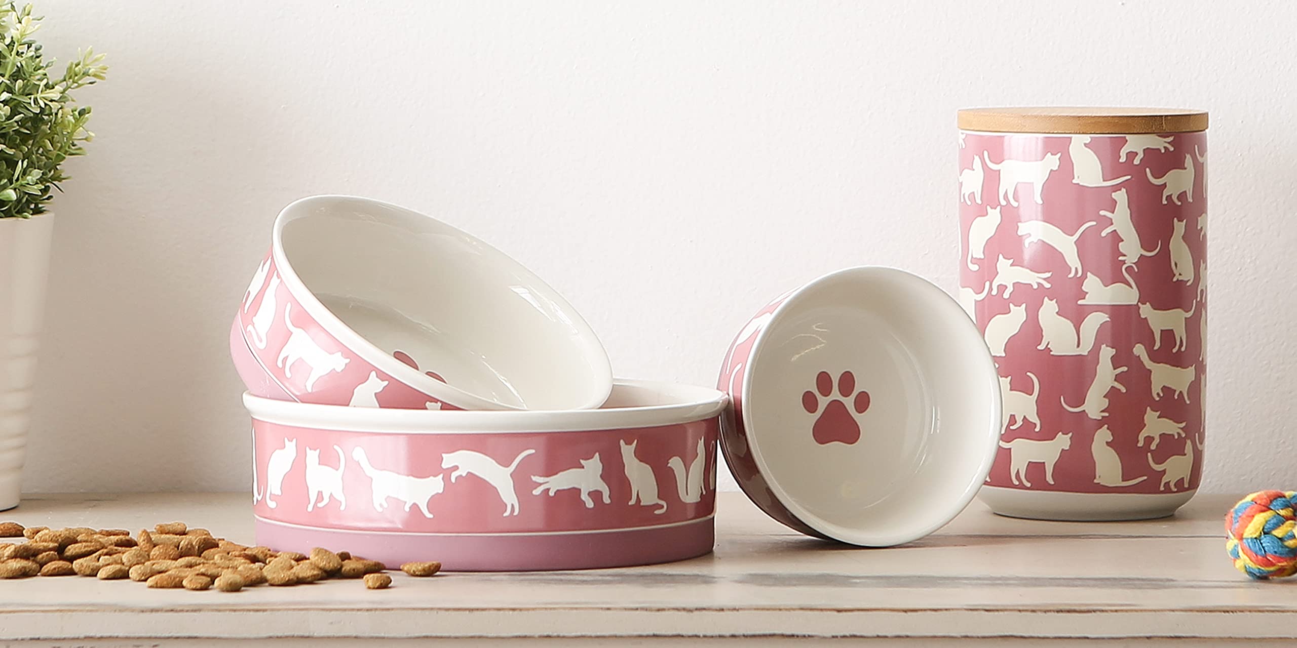 Bone Dry Ceramic Cat Bowls, Microwave & Dishwasher Safe, Large Set, 7.5x2.4, Rose, 2 Count