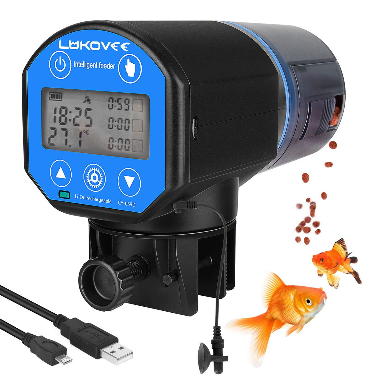 Lukovee Automatic Fish Feeder, Feeding Time Display Usb Rechargeable Timer Moisture-Proof Aquarium Or Fish Tank Food Dispenser With 200Ml Large Capacity With Temperature Measure Function, Blue