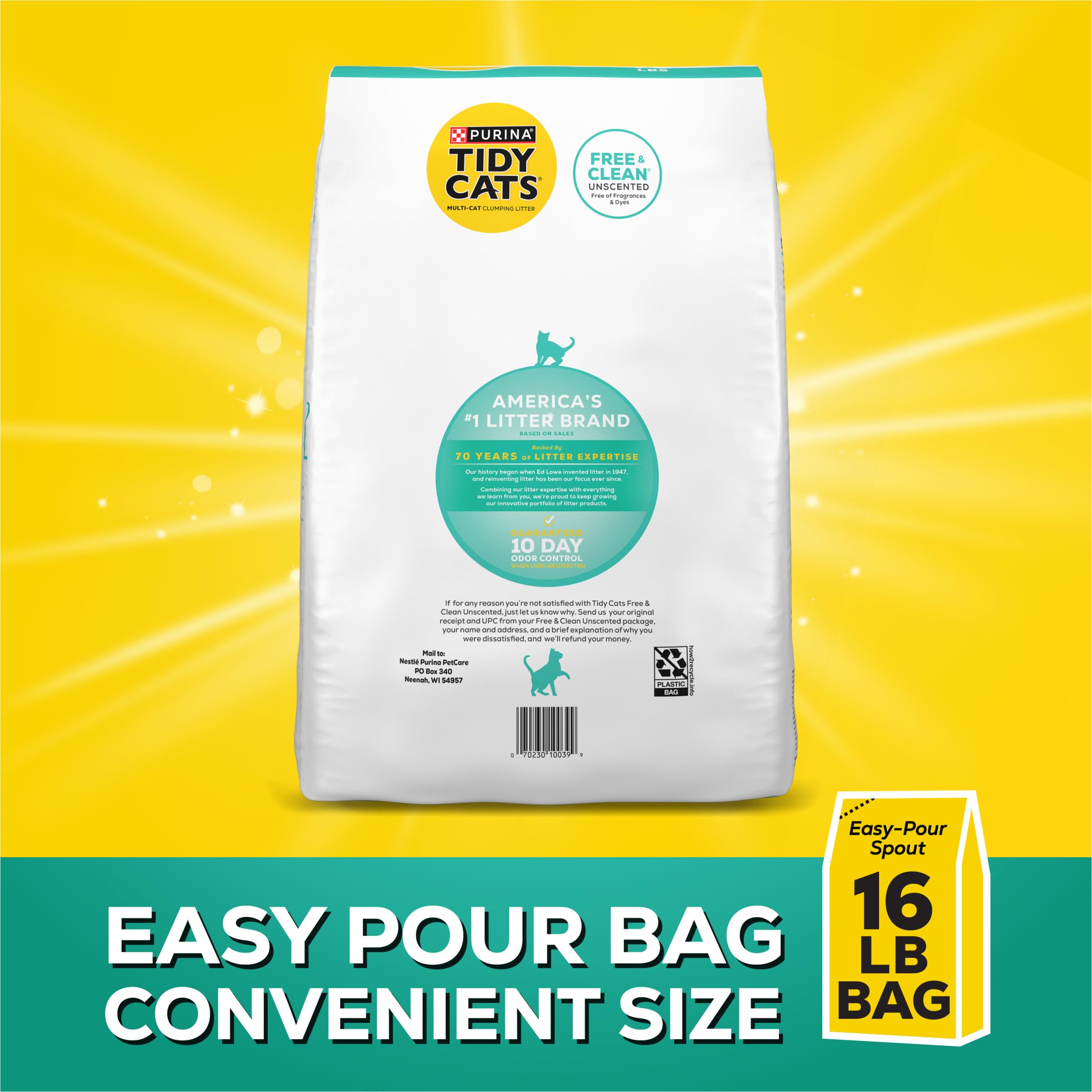 Purina Tidy Cats Clumping Cat Litter Odor Control, Free And Clean Unscented Multi Cat Litter - 16 Lb. Bag
