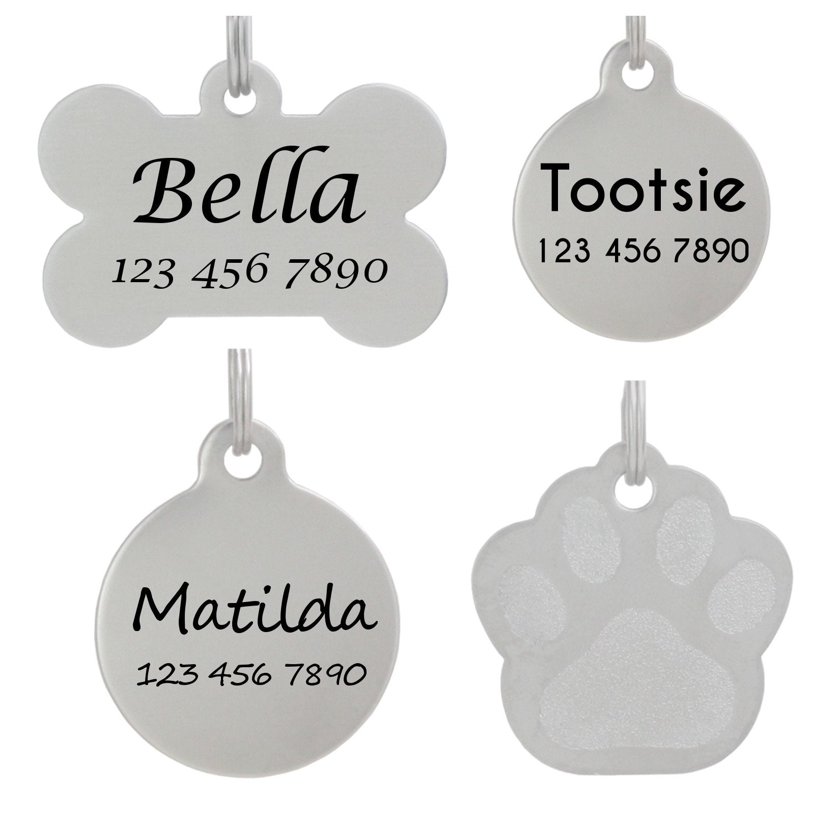Laser Etched Stainless Steel Pet ID Tags Custom Personalized for Dog & Cat Paw Print Bone Round Tag (Paw L)
