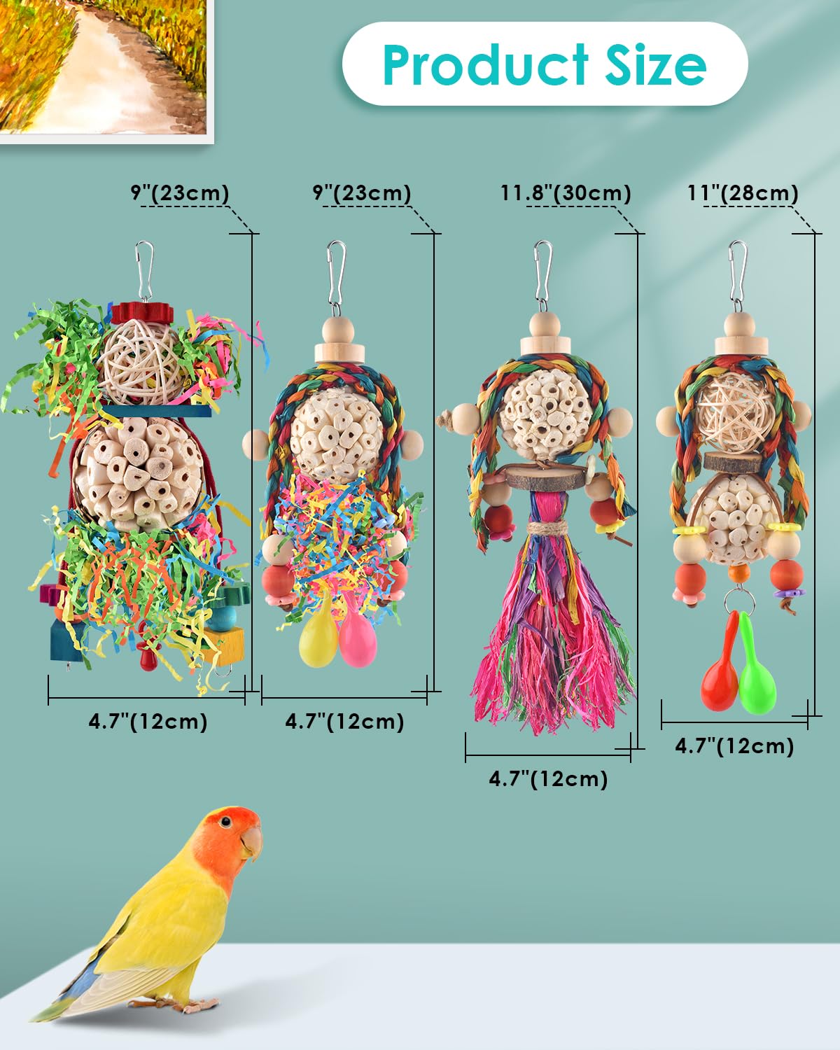 Bissap Conure Toys, 4 Pcs Bird Parrot Foraging Shredder Hanging Toys Sola Balls With Sand Hammer For Small Parrots Parakeets Con