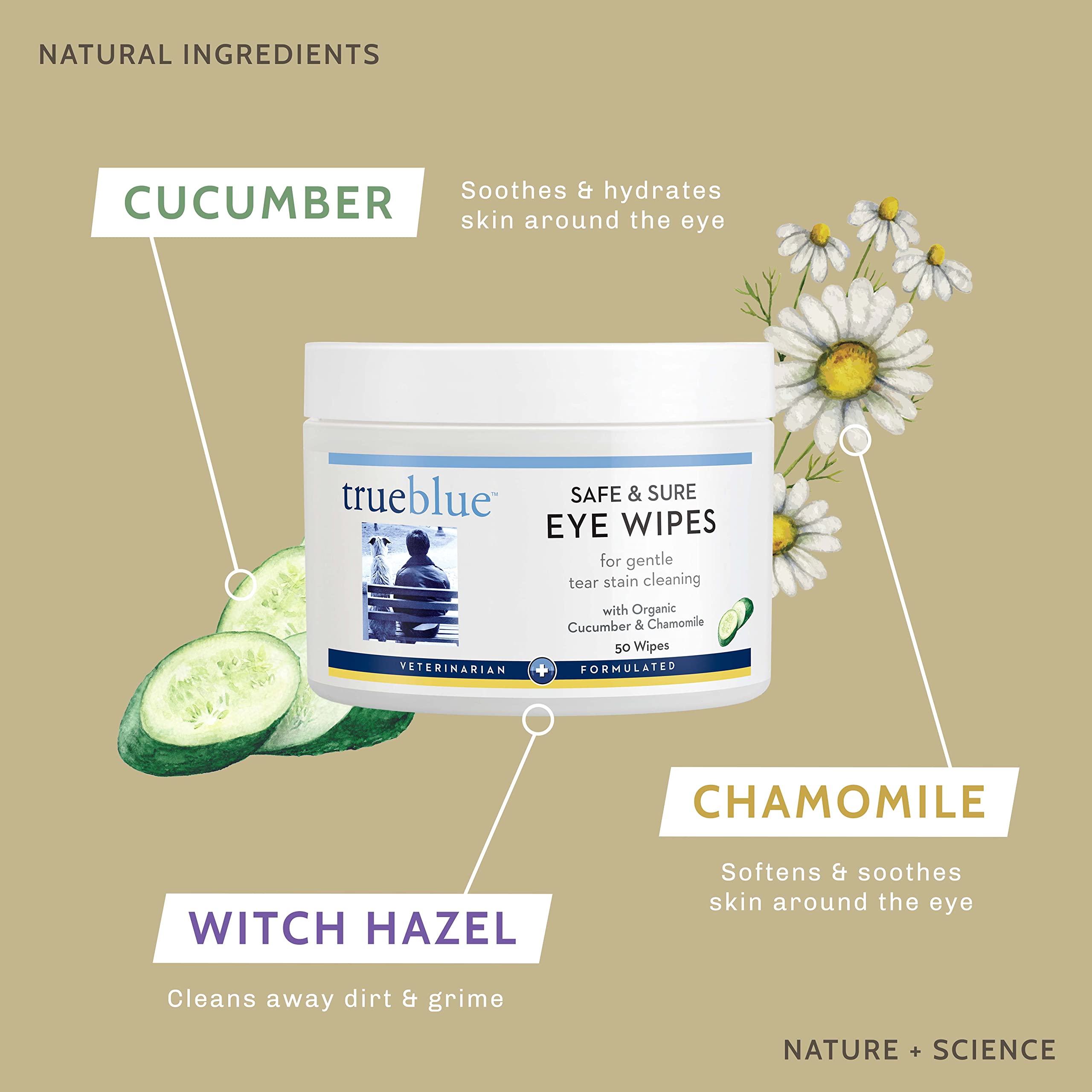 TrueBlue Cucumber & Chamomile Safe and Sure Dog Eye Wipes - Pre-Moistened Textured Pads for Tear Stain Eye Cleaning - Cleansing