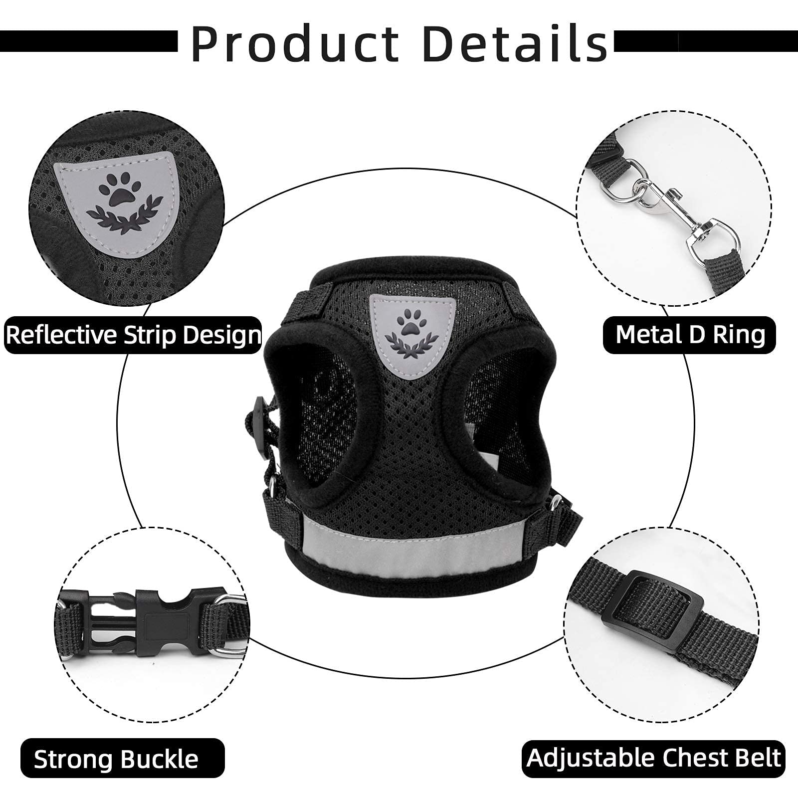 Cat & Dog Vest Harness - All Weather Mesh, Reflective Strap, Step-In Adjustable For Small Cats & Dogs (Black, Xs)