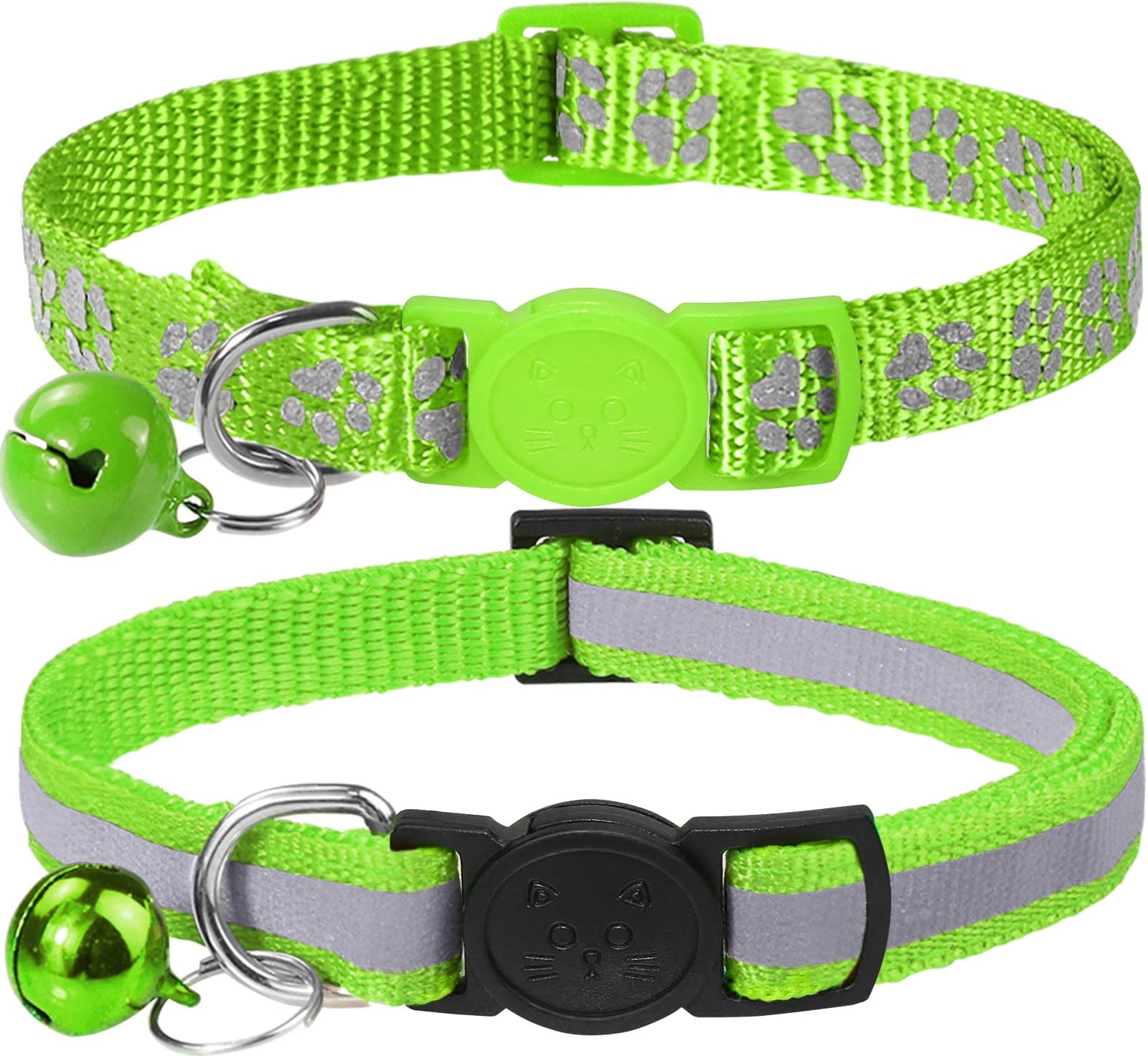 Taglory Reflective Cat Collars Breakaway With Bell, 2 Pack Girl Boy Pet Kitten Collar Adjustable 6-8 Inch, Green