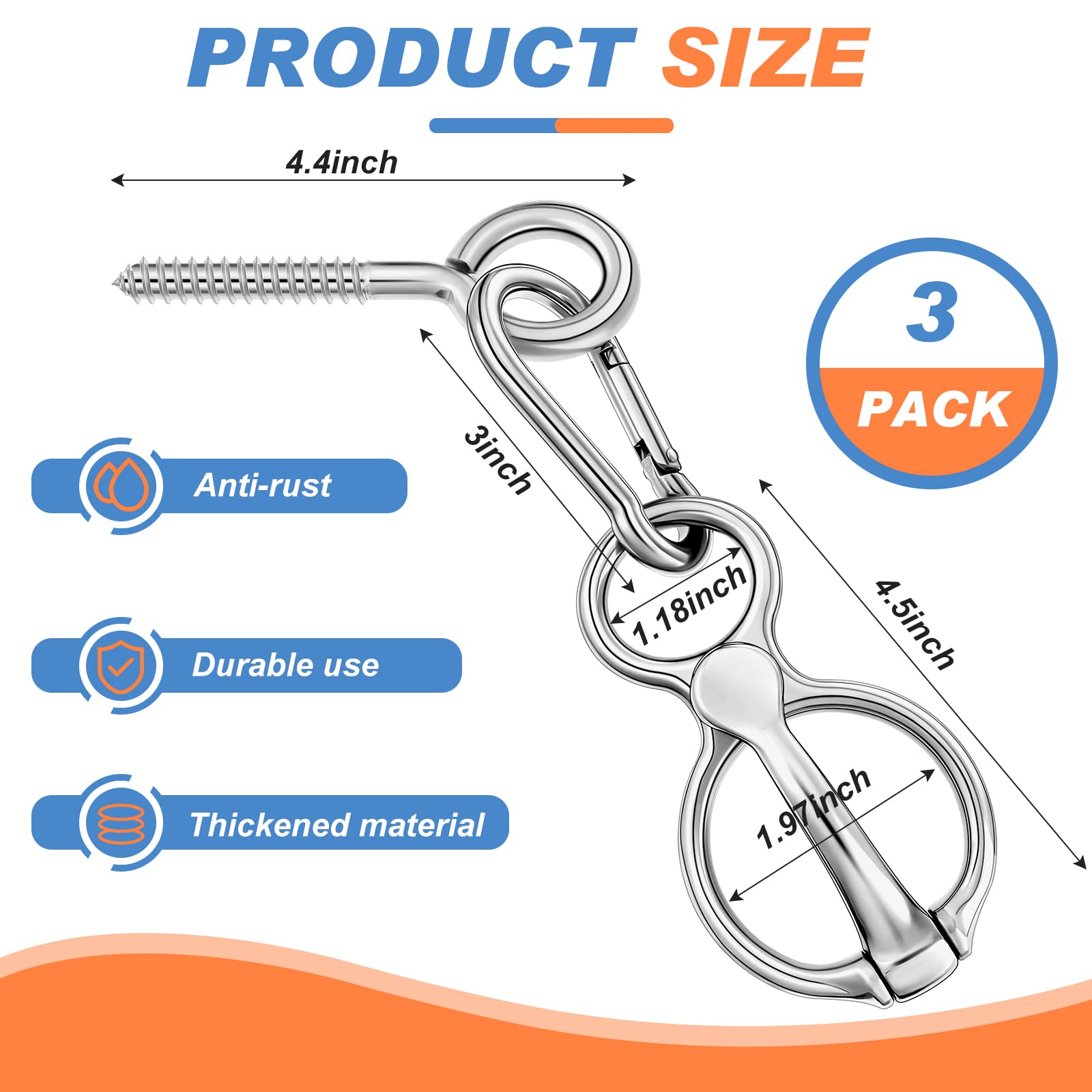 Nuenen Horse Tie Ring Stainless Steel Horse Tack And Supplies Safety Horse Accessories With Eye Bolts And Snaps Saddle Horse Training Equipment For Pulling Back, Silver (3 Sets)