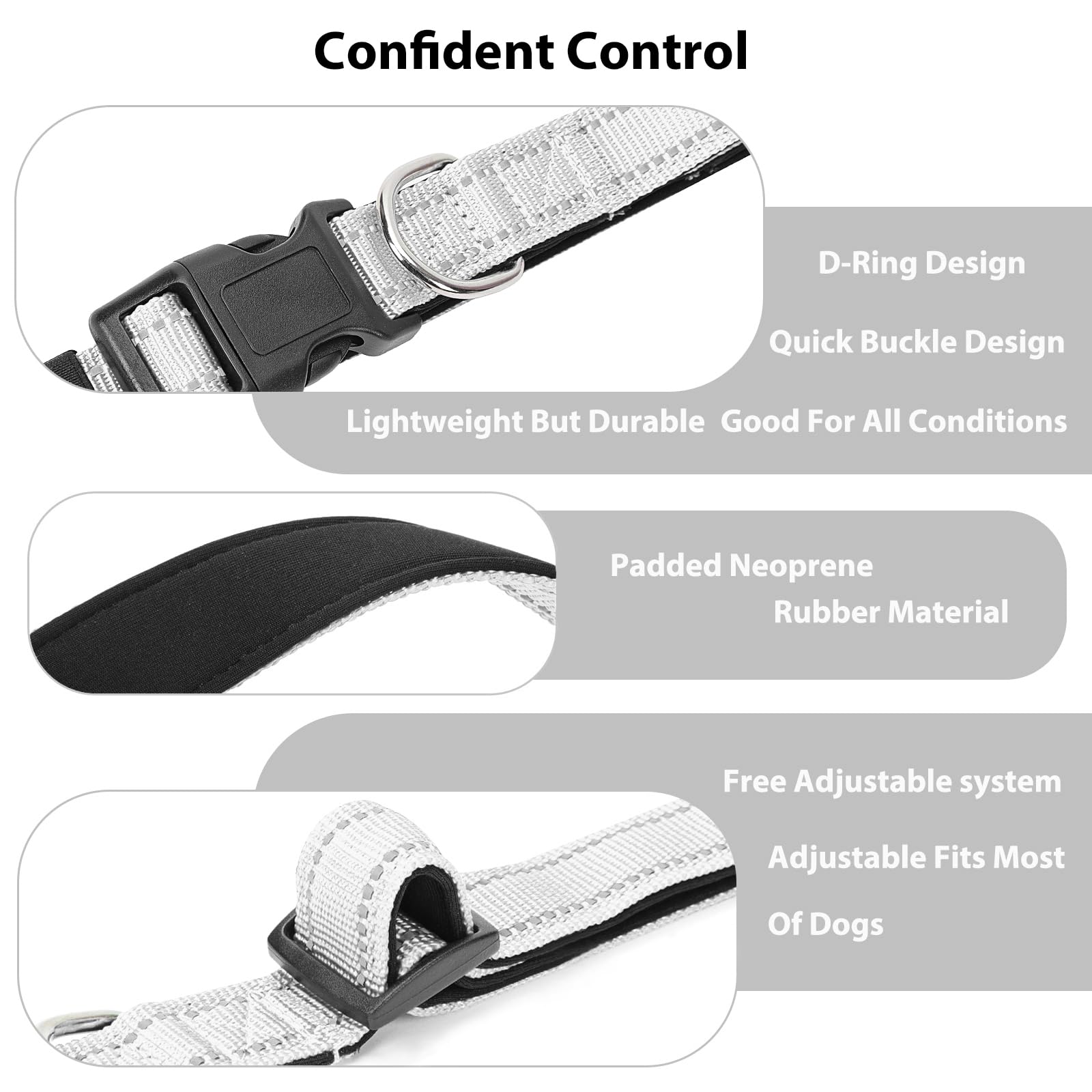 Penseepet Reflective Dog Collar Padded With Soft Neoprene Breathable Quick Release Basic Dog Collars For Medium Large Dogs Boy Girl Silver