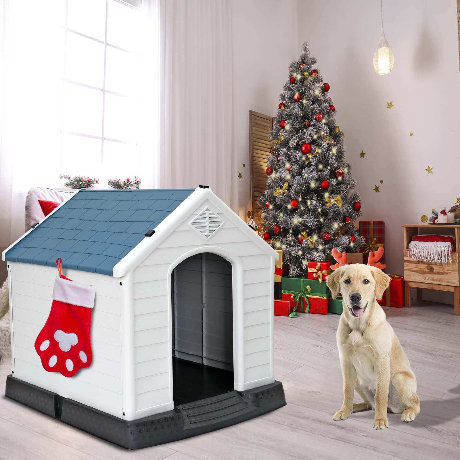 Large Plastic Dog House Indoor Outdoor Doghouse Dog Kennel Easy To Assemble Puppy Shelter W/Air Vents Elevated Floor Waterproof