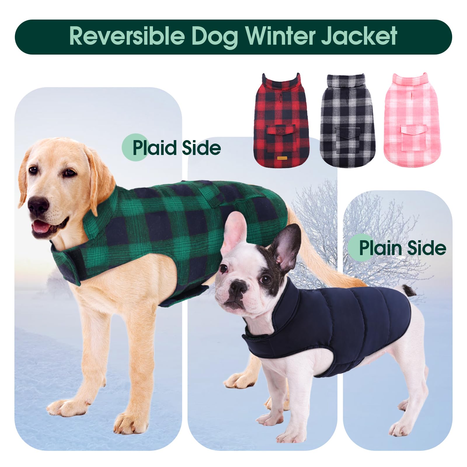 Kuoser Reversible Dog Jacket, Warm Winter Coat For Small Medium & Large Dogs - British Style, Windproof, Green, Xl