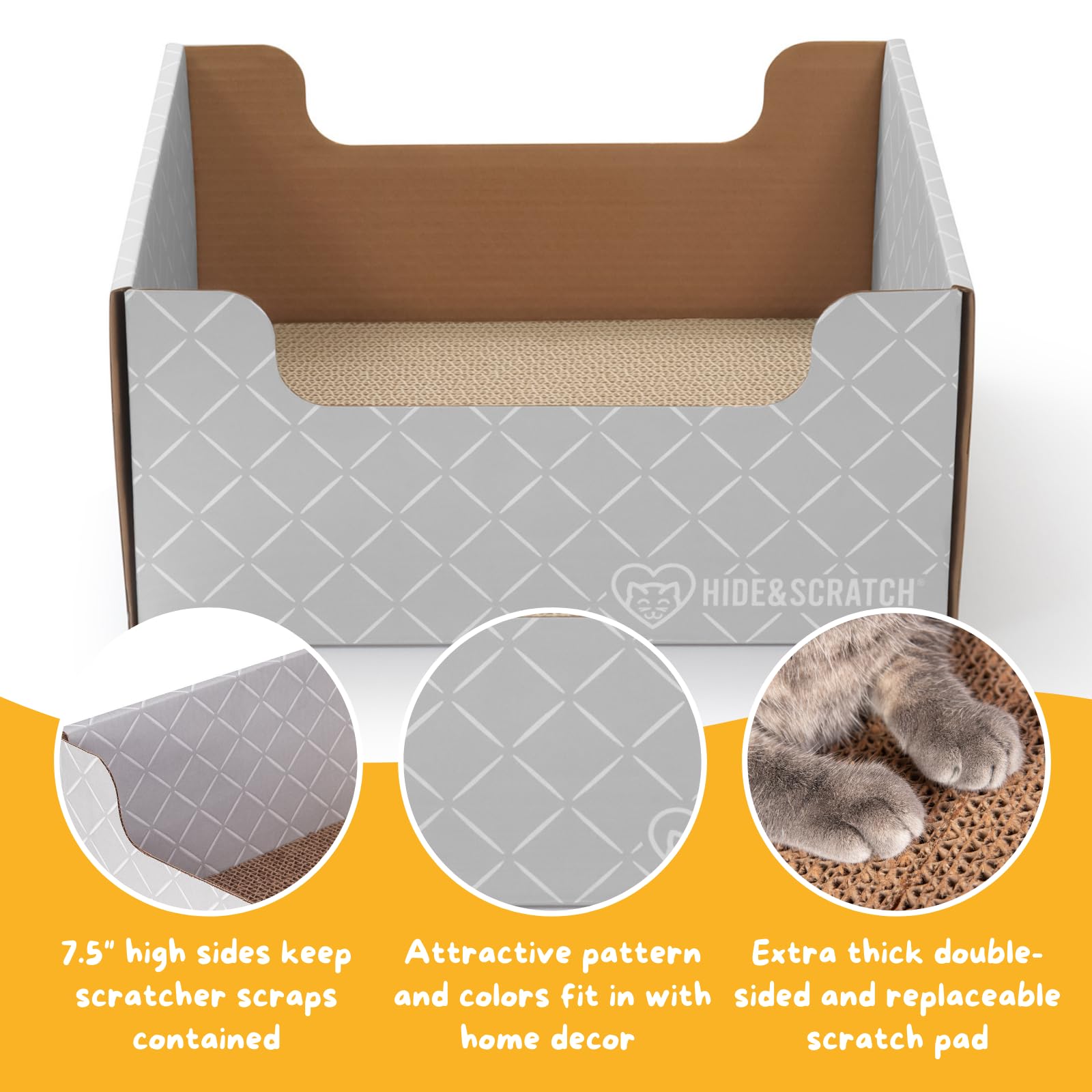 HIDE & SCRATCH Cardboard Cat Scratcher; Cat Scratcher Box and Bed with Refillable Double-Sided Cardboard Scratch Pad for Indoor
