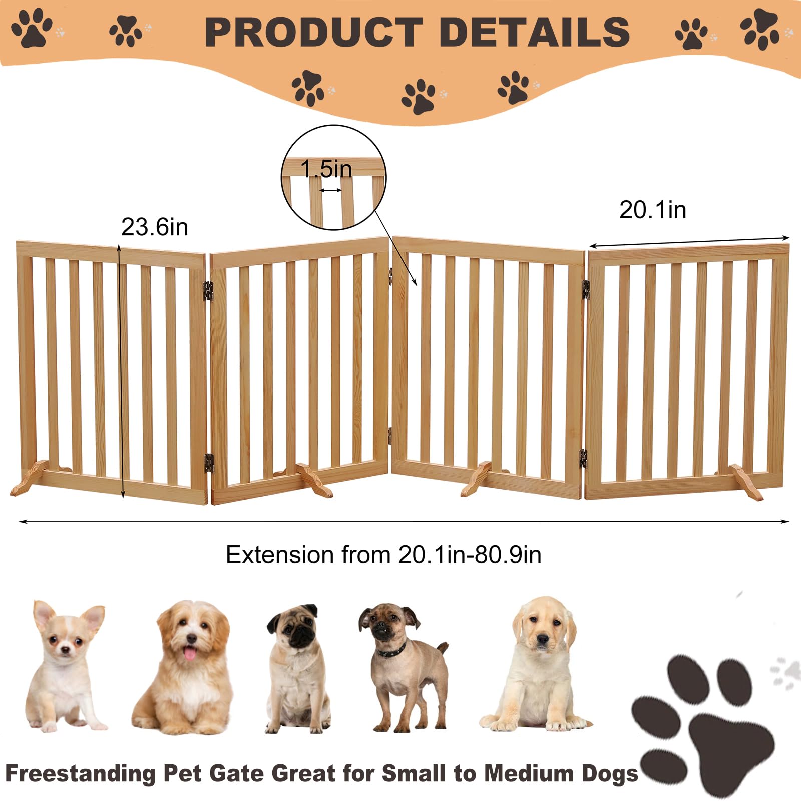 Dog Gates Wooden Pet Gate Indoor Dog Fence for The House,Collapsible Wood Dog Gates for Stairs,Freestanding Dog Gate for Doorway