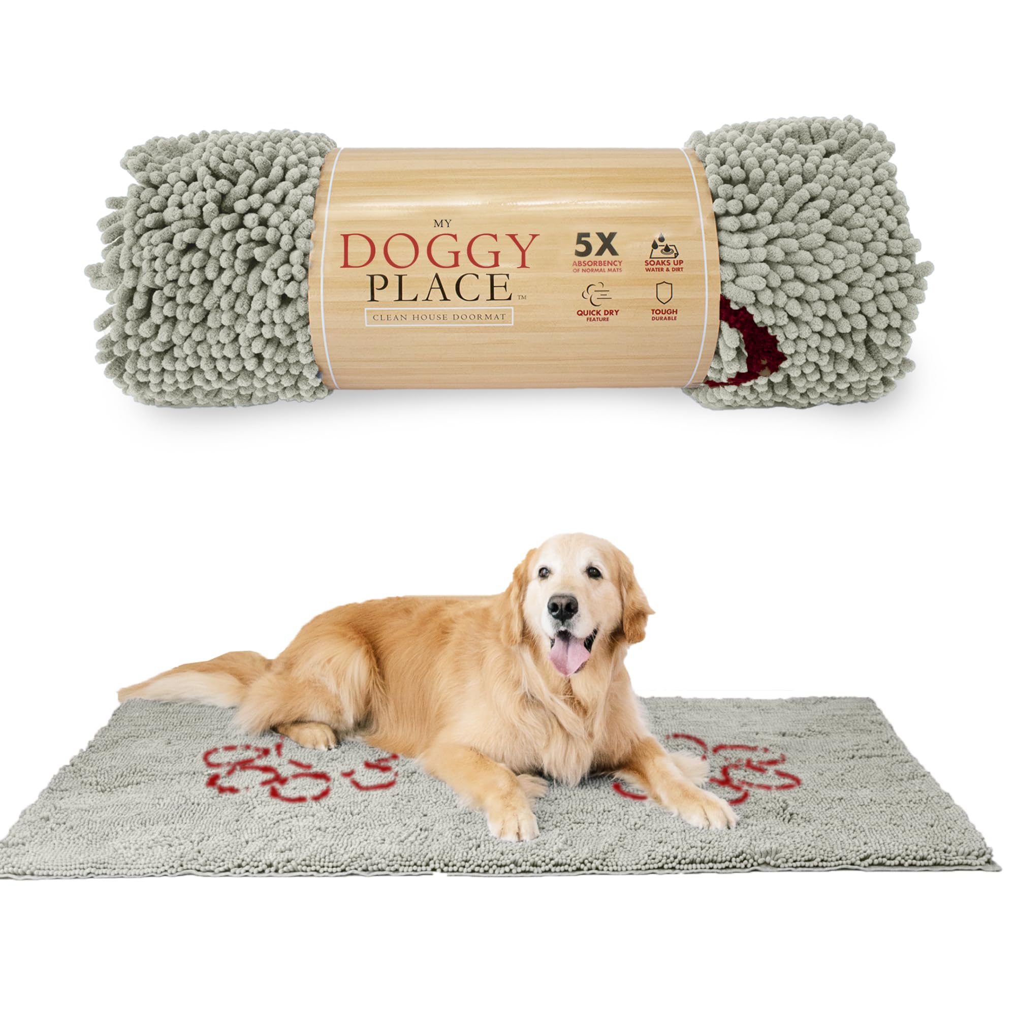 My Doggy Place Microfiber Dog Mat for Muddy Paws, 60 x 36 Light Gray with Paw Print - Non-Slip, Absorbent and Quick-Drying Dog P