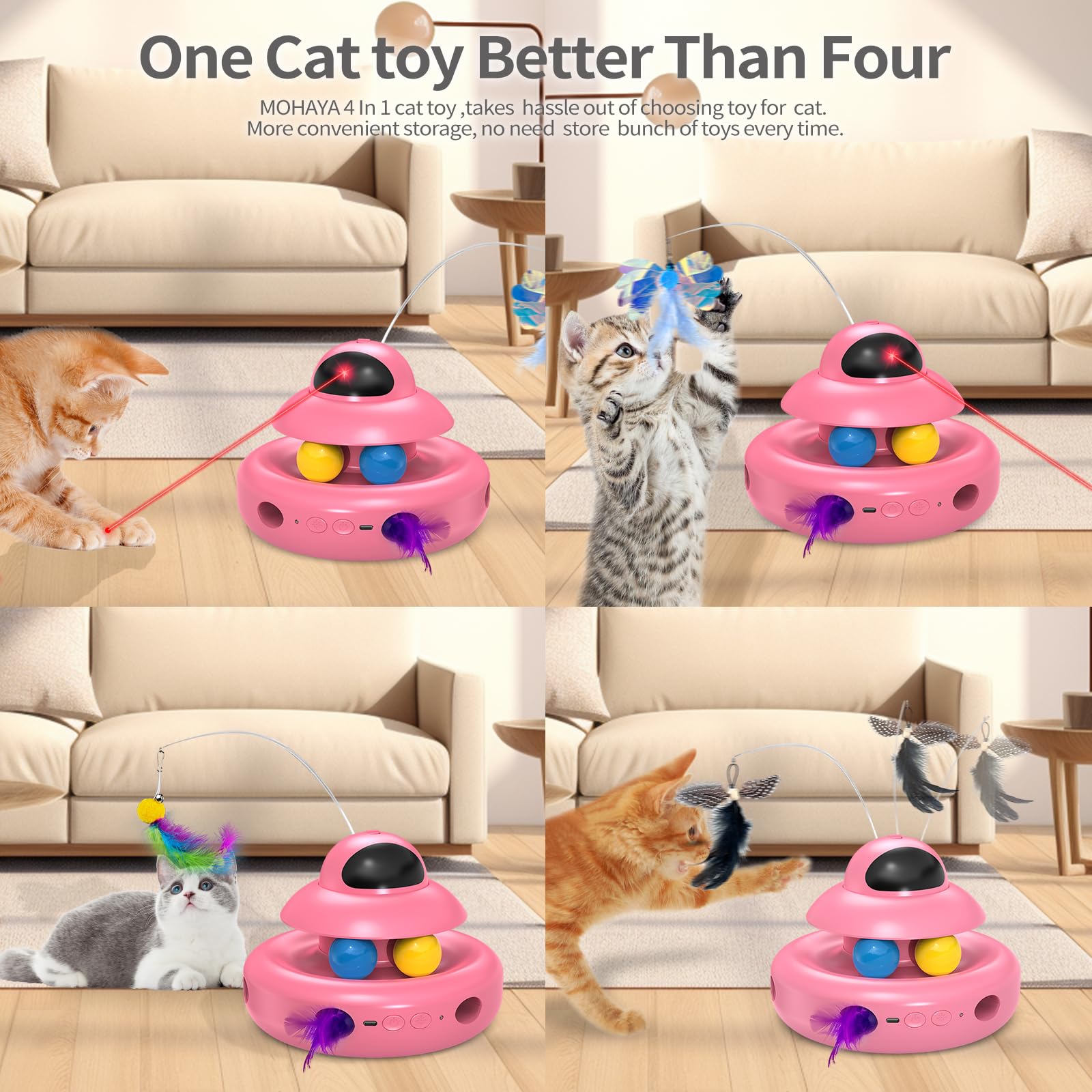 Mohaya Automatic Cat Toys,4-In-1 Interactivecat Toys For Bored Indoor Adult Cats, Electric Flying Butterfly,Rechargeable Moving