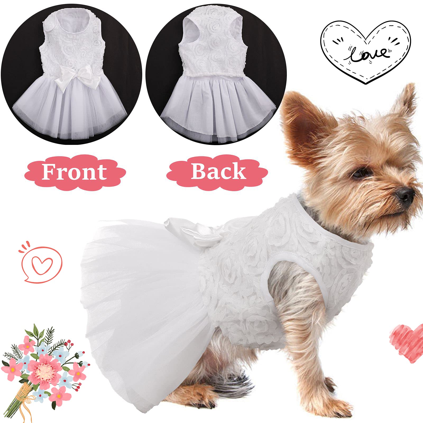 Qbleev Dog Dress Tutu Skirt For Small Medium Girl Dogs Puppy, Sweet Dog White Princess Dresses With Bowknot And Rose Decor, Pet Lace Costume Summer Apparel Formal Clothes For Wedding Party Holiday