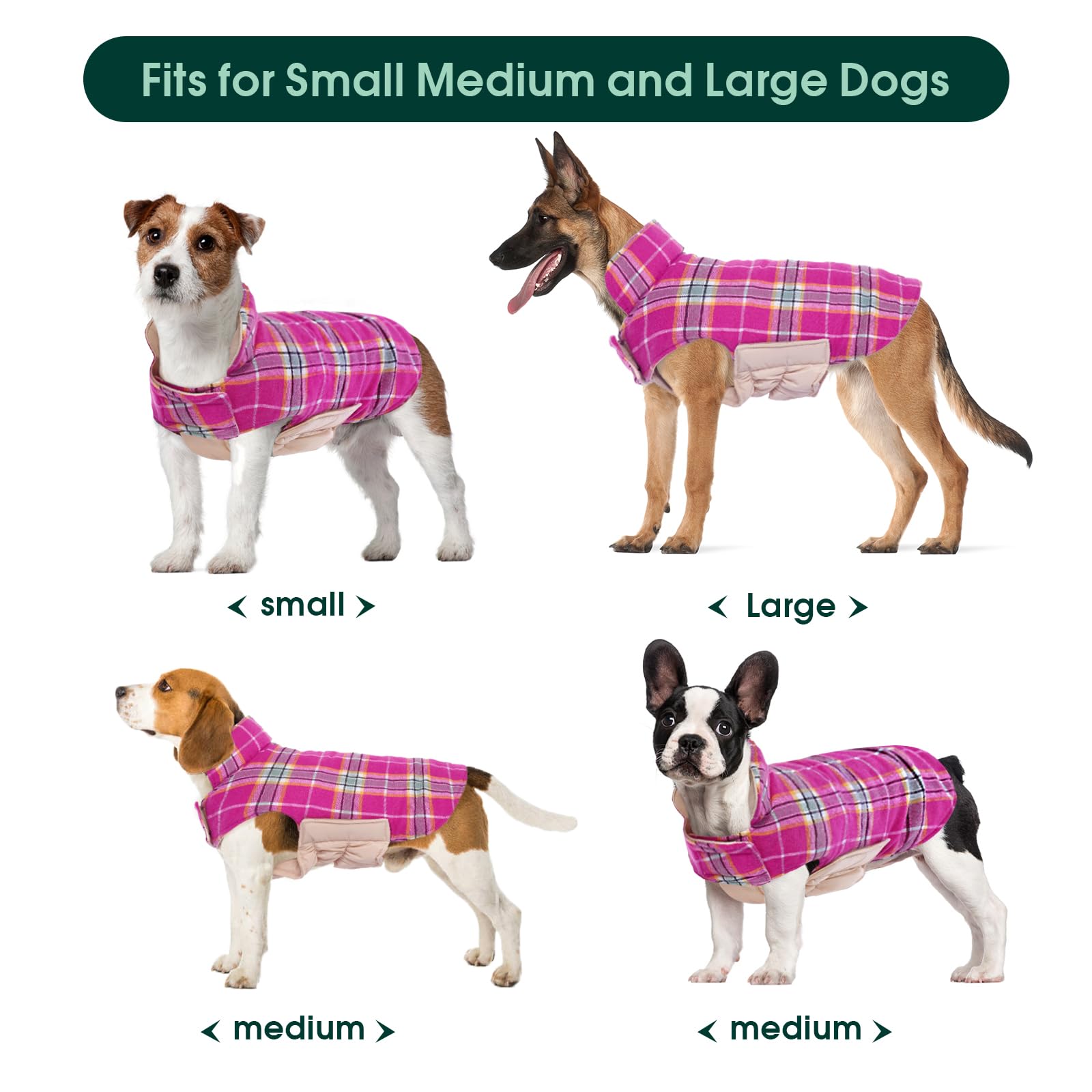 Kuoser Warm Dog Coat, Reversible Dog Jacket Waterproof Dog Winter Coat British Style Plaid Dog Clothes Pet Dog Cold Weather Coats Cozy Snow Jacket Vest For Small Medium Large Dogs Christmas Rose Xl
