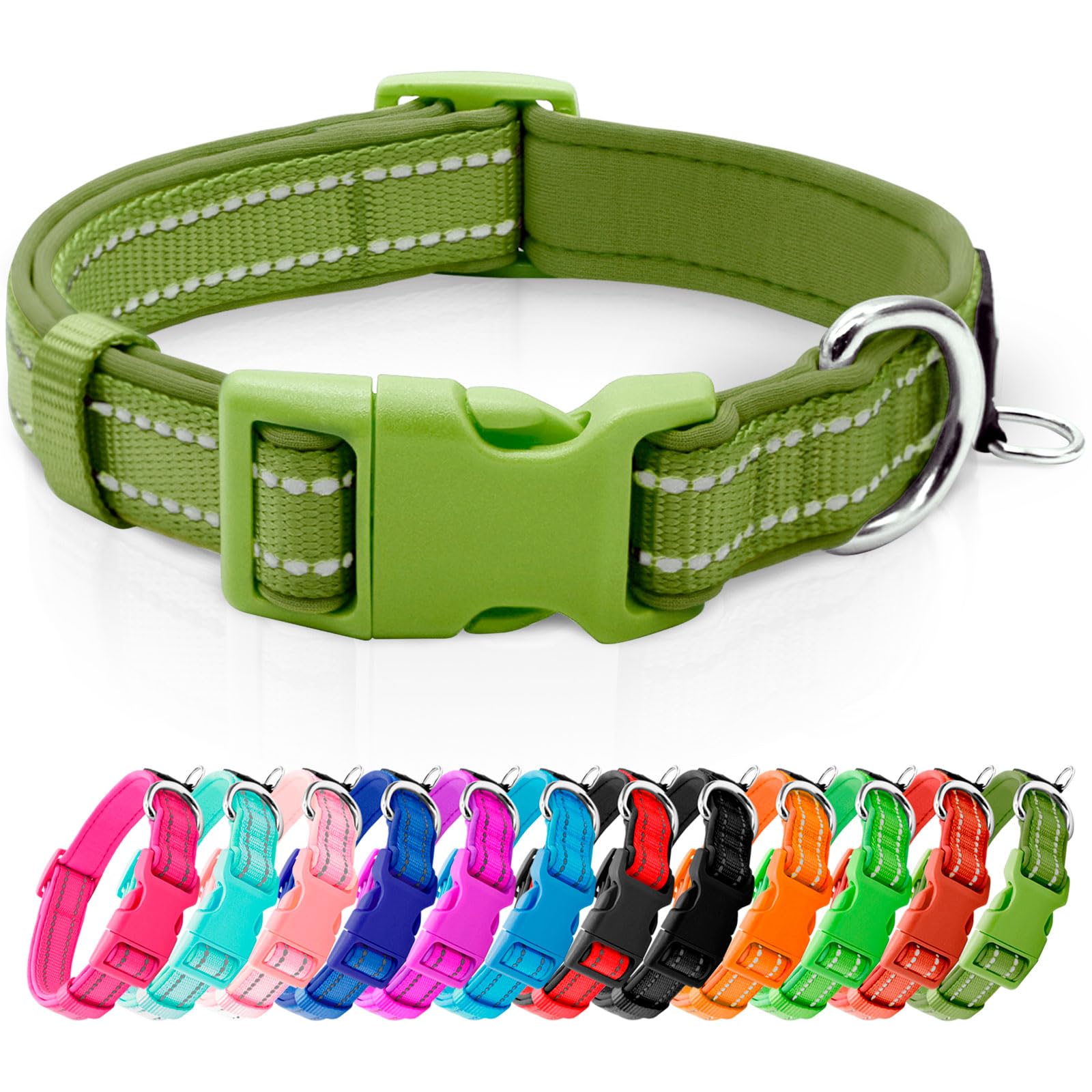 Azuza Reflective Dog Collar, Soft Neoprene Padded Pet Collar With Id Tag Ring, Adjustable For Large Dogs,Army Green,L