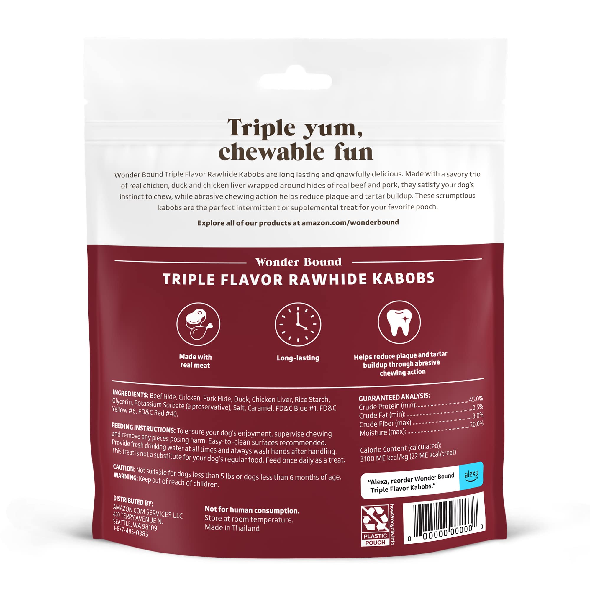 Amazon Brand - Wonder Bound Triple Flavor Chicken Rawhide Kabobs for Dogs, 12 oz., Pack of 18