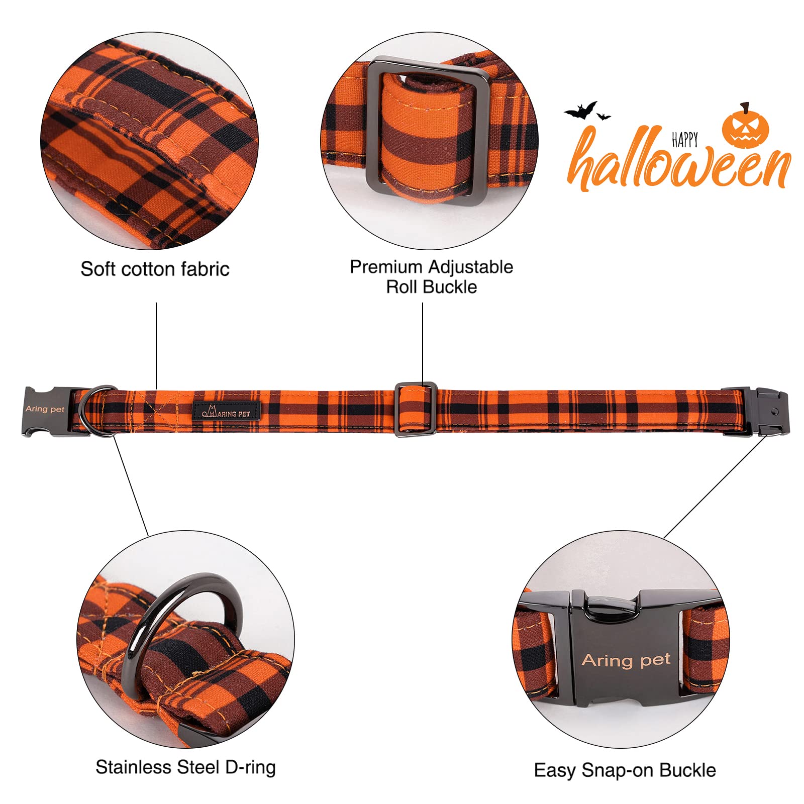 Aring Pet Dog Collar, Cute Fall Dog Collar With Bow, Adjustable Halloween Orange Grid Bowtie Dog Collars Gift With Metal Buckle