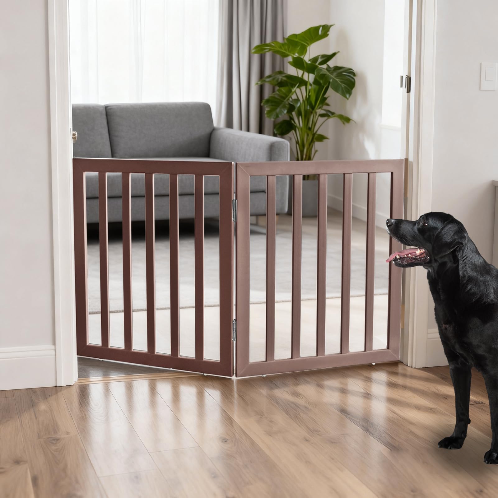 ZJSF Freestanding Indoor Dog Gate for House Foldable Wood Brown Puppy Gate for Doorways Pet Gate for Stairs Extra Wide Pet Fence