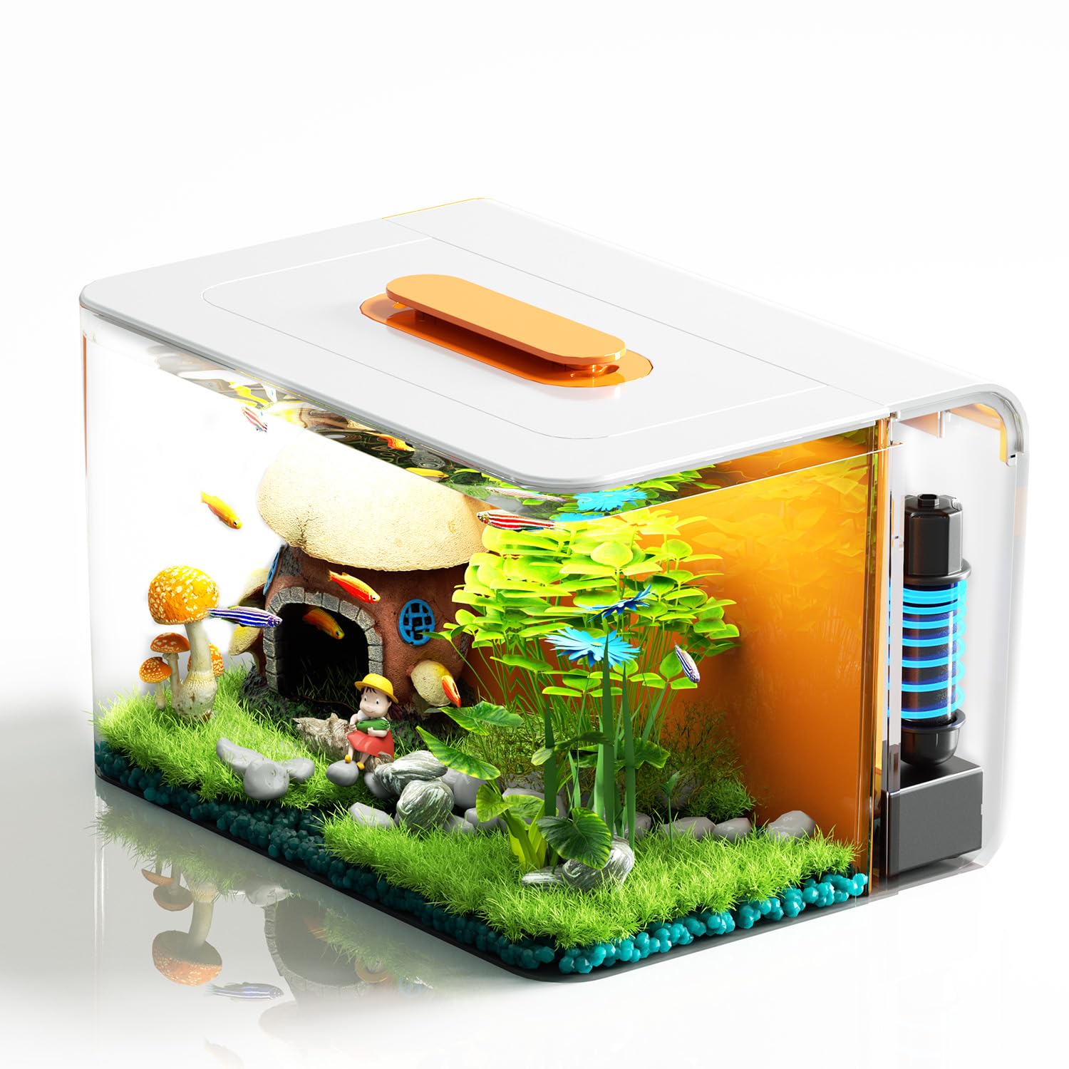 2.5 Gallon Fish Tank Small Aquarium Starter Kit with Heater, Hidden Filtration, 3 Color Light, Self Cleaning Nano Tank for Betta