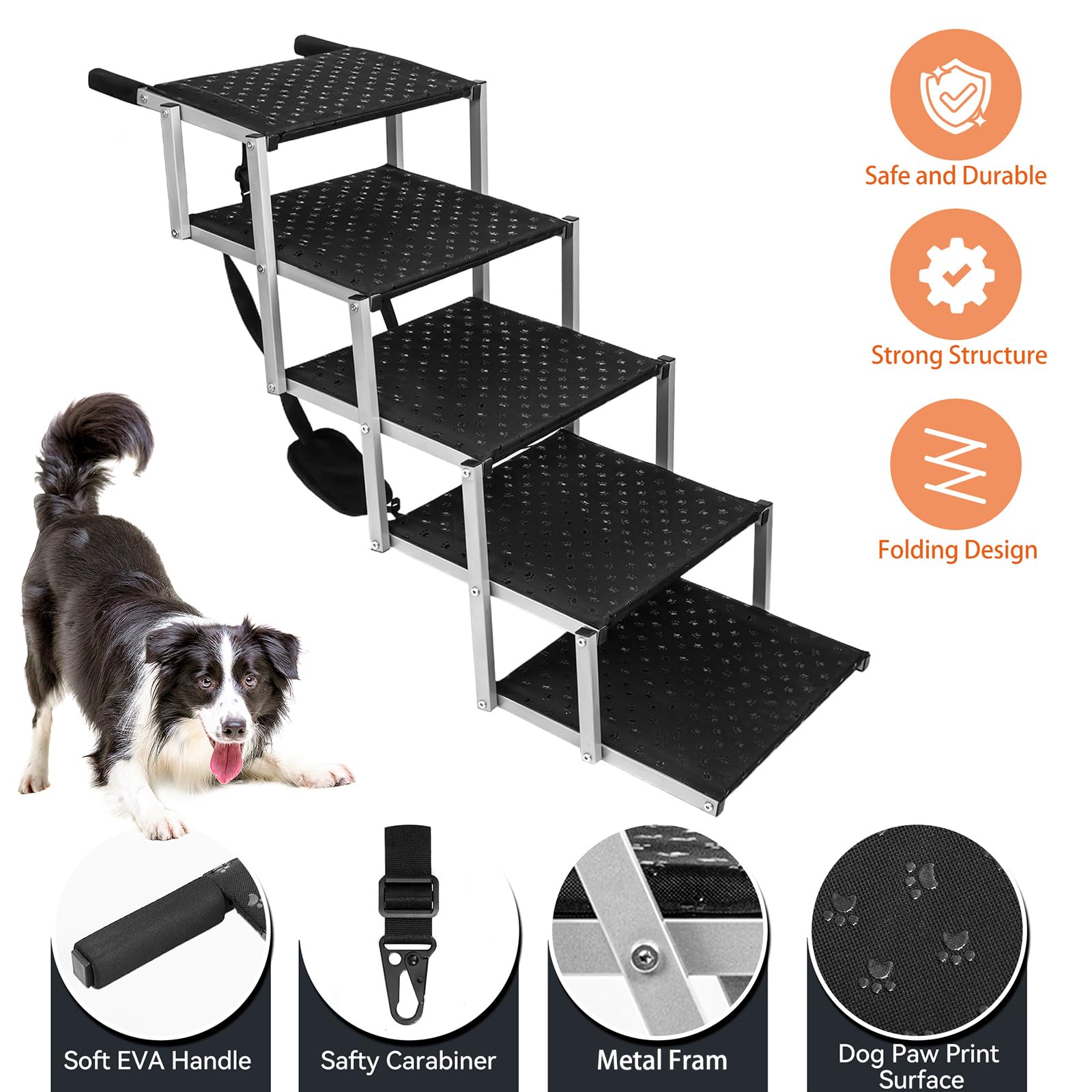 Dog Ramps For Large Dogs - Portable Dog Steps For Cars And Suv, Truck, Lightweight Non-Slip Dog Stairs Support Up To 200 Lbs