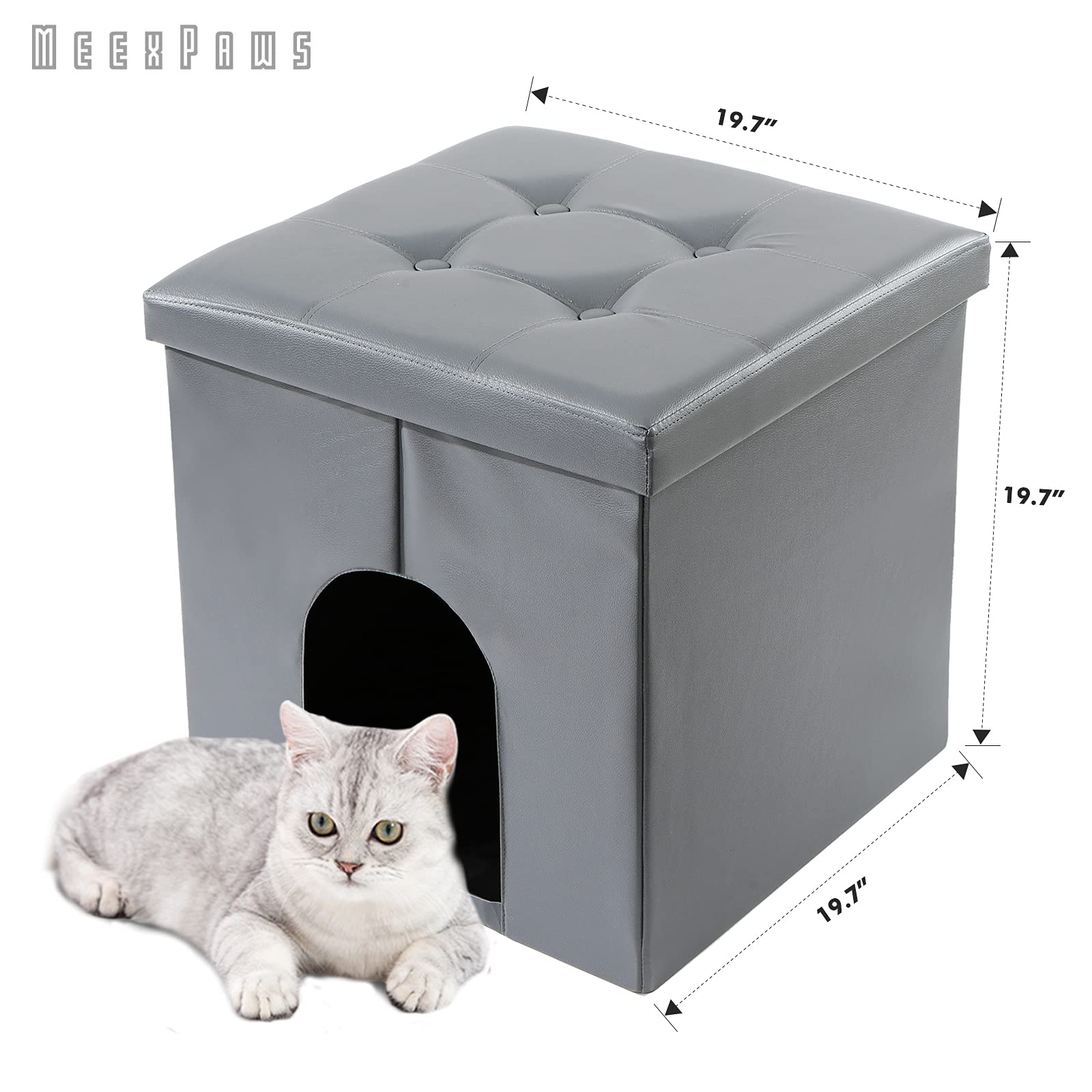 Meexpaws Cat Litter Box Enclosure Furniture Hidden, Small Cat Washroom Bench Storage Cabinet 20'' X 20'' X 20''| Dog Proof | Waterproof Inside | Easy Clean | Easy Assembly | Odor Control(Grey)