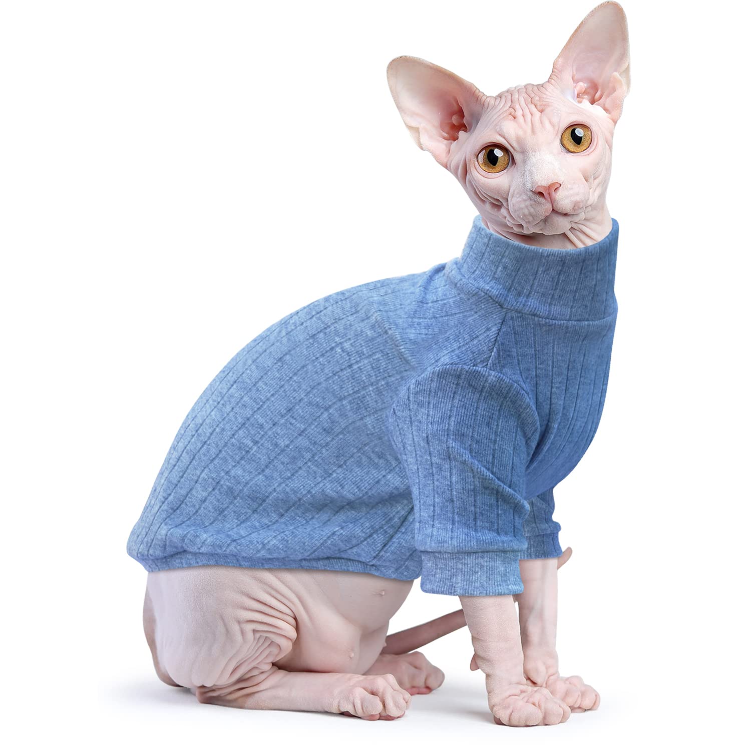 Idepet Sphynx Hairless Cats Sweater Shirt Kitten Soft Puppy Clothes Pullover Cute Cat Pajamas Jumpsuit Skin-Friendly Cotton Apparel Pet Winter Turtleneck For Cats And Small Dogs(Large, Blue)