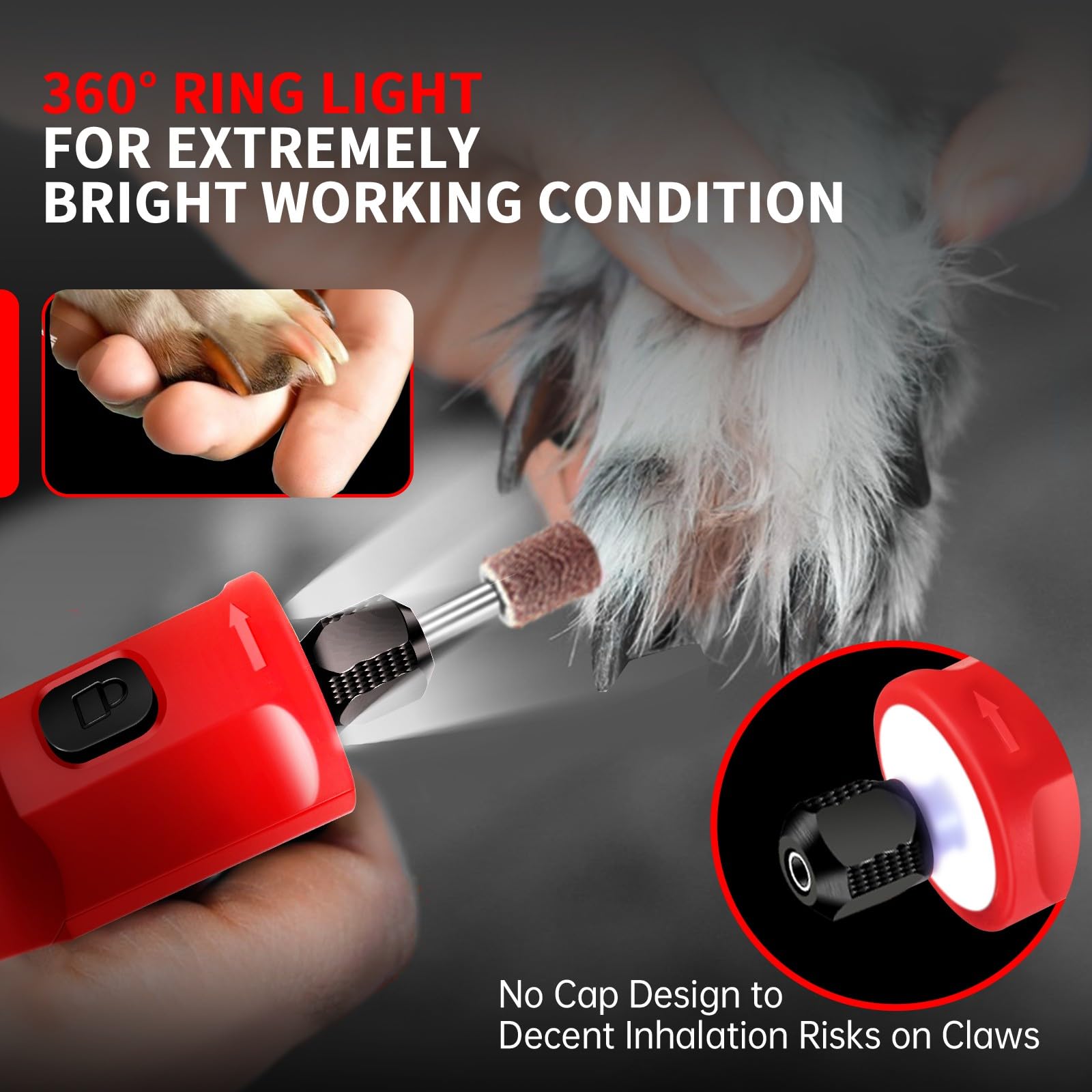Dog Nail Grinder - Upgraded Pet Nail Grinder, Electric 5 Speeds Led Lights Ring Rechargeable Dog Nail Trimmers Kit, 40 Accessori