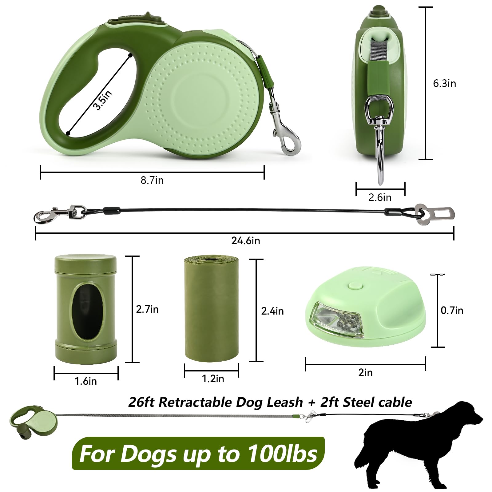 Odriew Heavy Duty Retractable Dog Leash For Large Dogs, 26Ft With Chew Proof Cable, Led Light, Dispenser, 2 Poop Bags. 360 No Ta