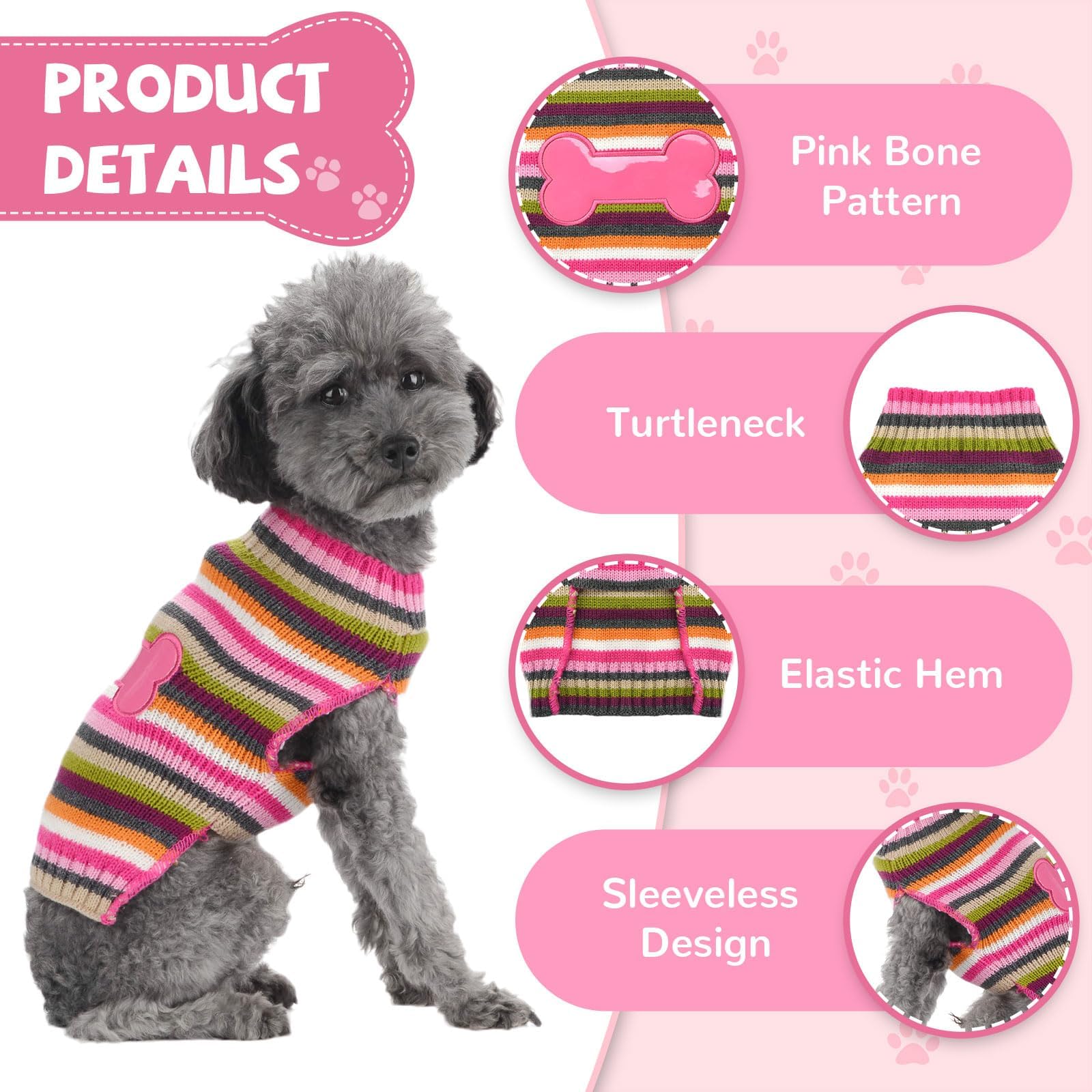 Hrttsy Cute Dog Sweater Soft Warm Striped Winter Dog Clothes Valentines Funny Pink Bone Knitwear Pet Apparels Sleeveless Puppy S