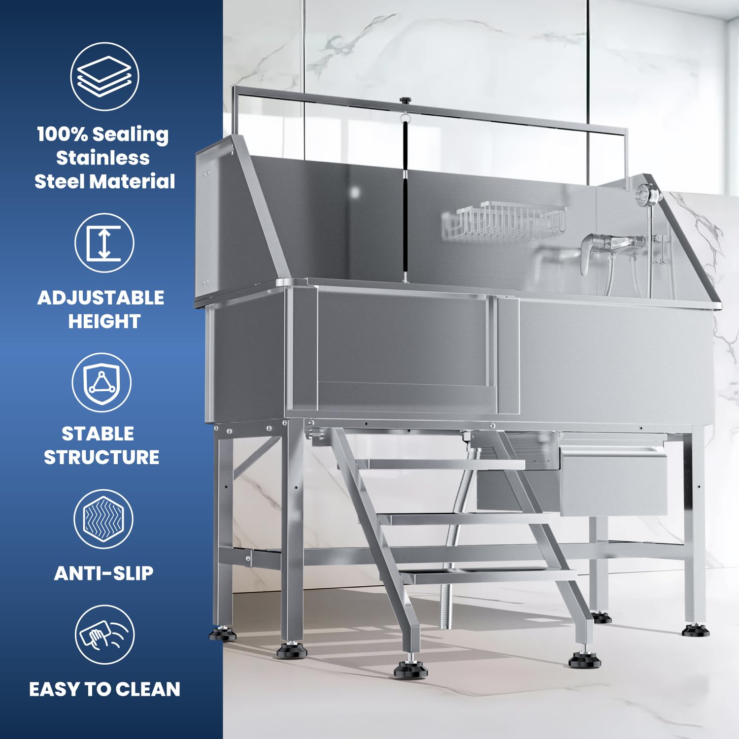 Dytrend Dog Washing Station For Home, Professional 46'' Stainless Steel Dog Bathing Station, Height Adjustable Dog Grooming Tub