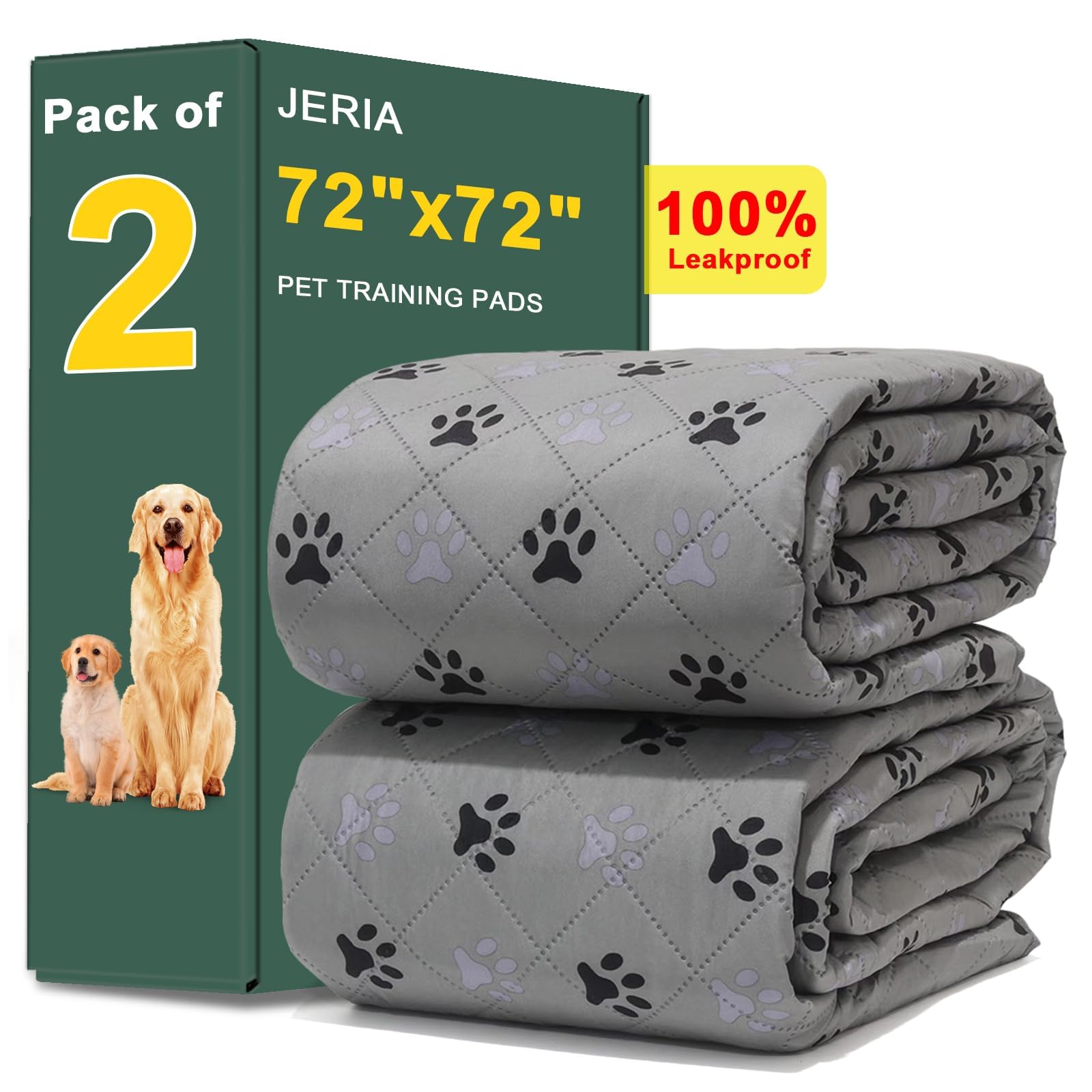 JERIA 2 Pack 72x 72 Waterproof Non Slip Wee Wee pad,Reusable Washable Pee Pads for Dogs,Absorbent and Leakproof Training Mats fo