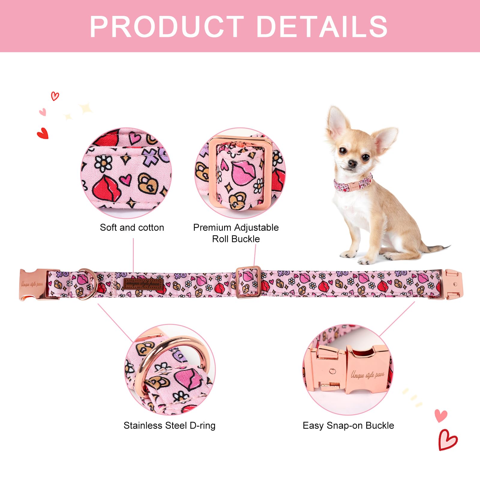 Unique Style Paws Valentine'S Day Dog Collar Metal Buckle Collar Xo Red Lips Gift For Small Medium Large Boys Girls Dogs Wedding