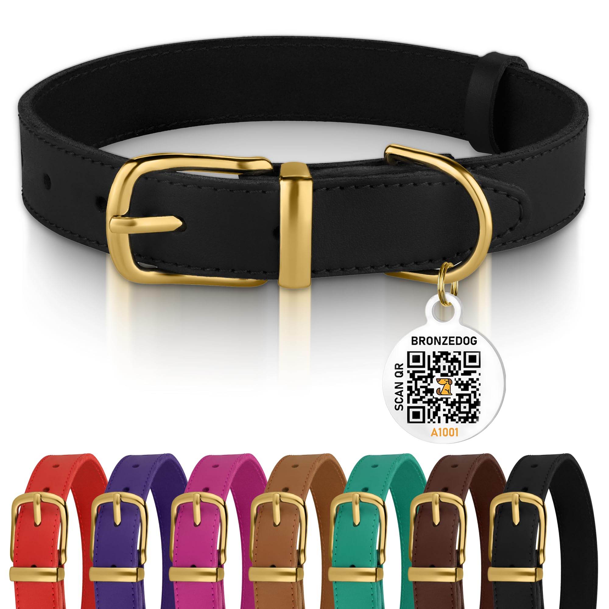 Bronzedog Leather Dog Collar With Qr Id Tag Basic Pet Collars For Small Mini Dogs Cats Puppies (7-9 Inch (Pack Of 1), Black & Go