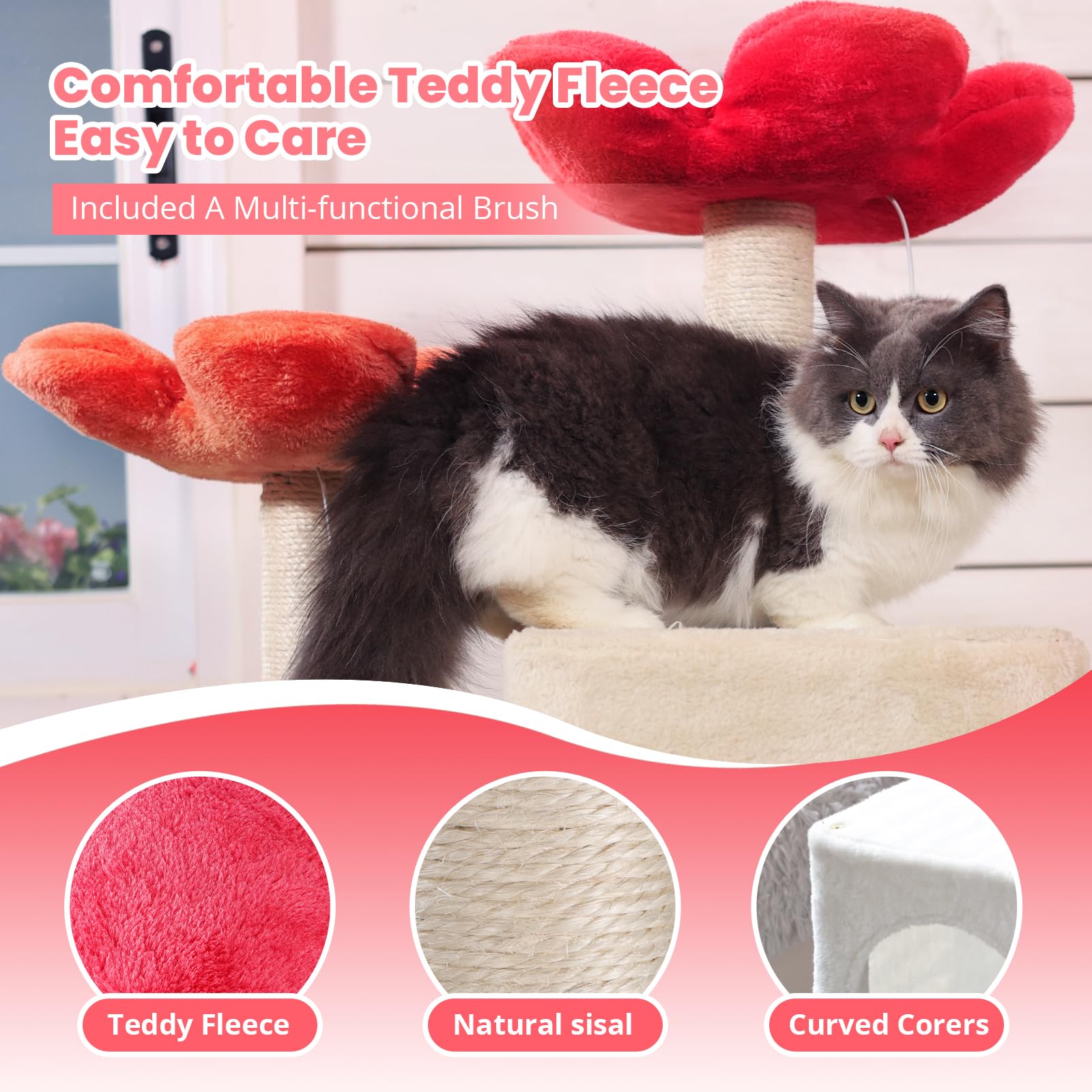 Hyabi 48 Inch Modern Cat Tree Tower With Hanging Basket & Flower Design - Multi-Level Cat Furniture With Plush Perches, Scratch Posts, Toy Balls - Stylish Indoor Playhouse For Cats & Kittens