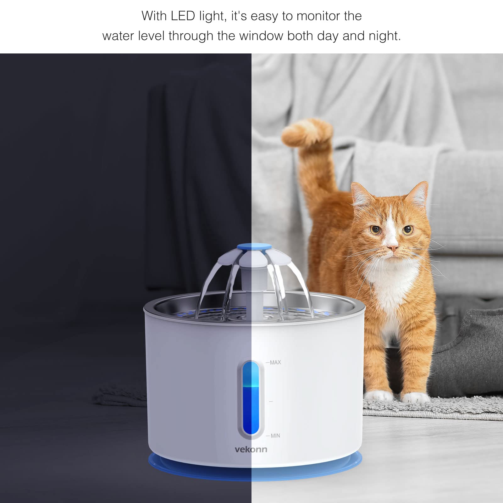 Vekonn 2.4L/81oz Cat Water Fountain Stainless Steel Top, Pet Water Fountain for Small Dog and Cat with LED Light and Water Level