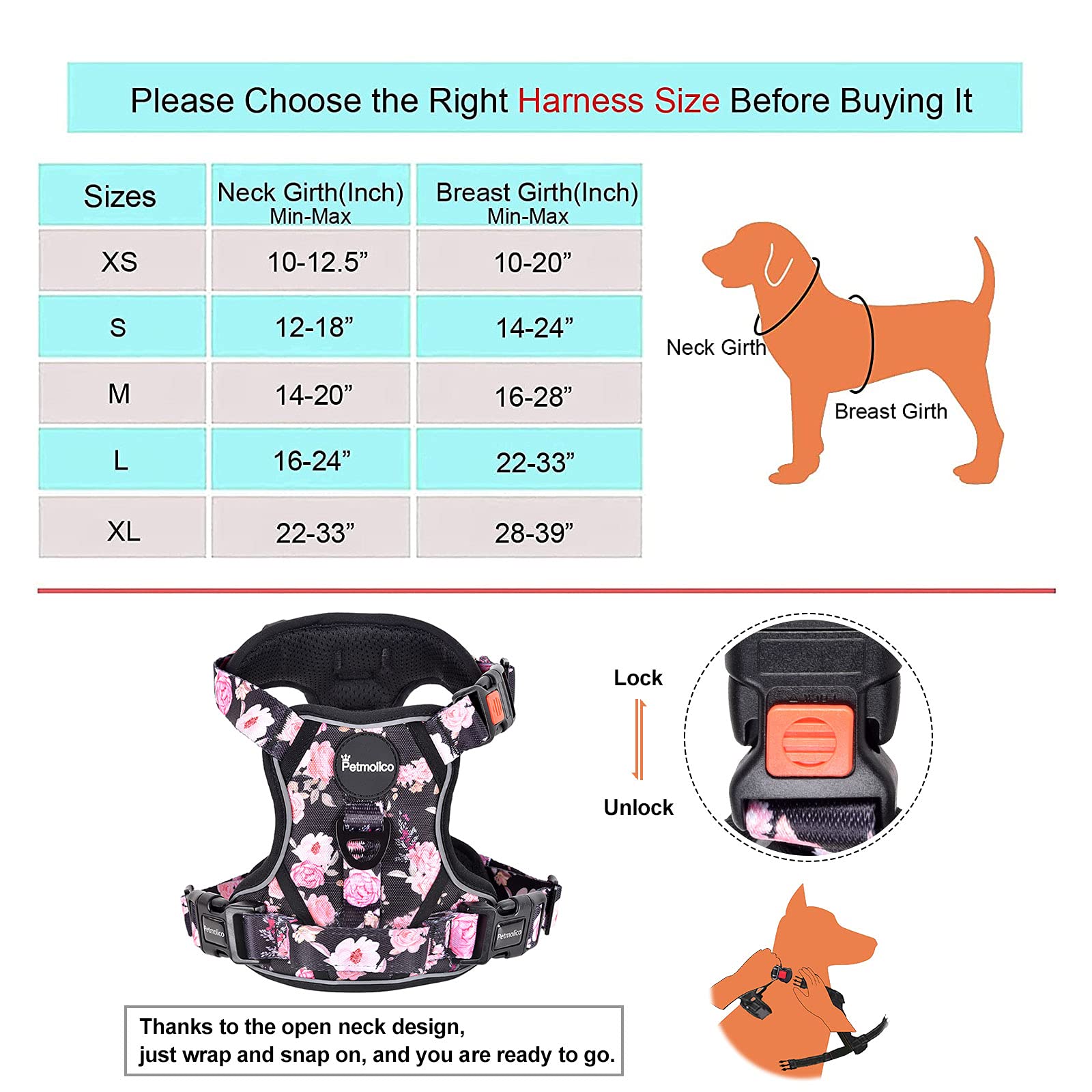 Petmolico Large Dog Harness Set, Reflective Vest Harness, 2 Leash Attachments, Rope Leash, Poop Bag Holder, Black with Pink Rose