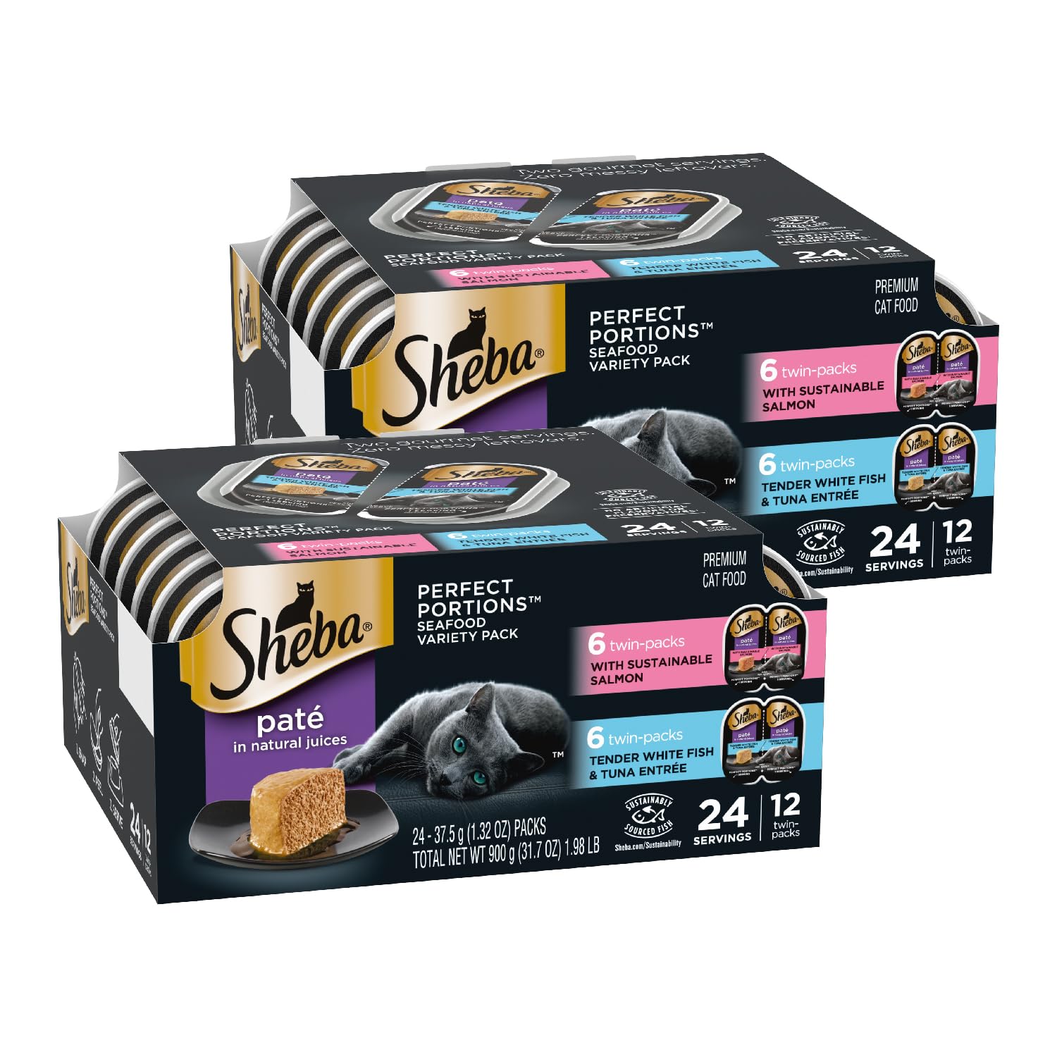 Sheba Perfect Portions Wet Cat Food Pate with Sustainable Salmon and Tender Whitefish & Tuna Entree Variety Pack, 2.6 oz., Twin-
