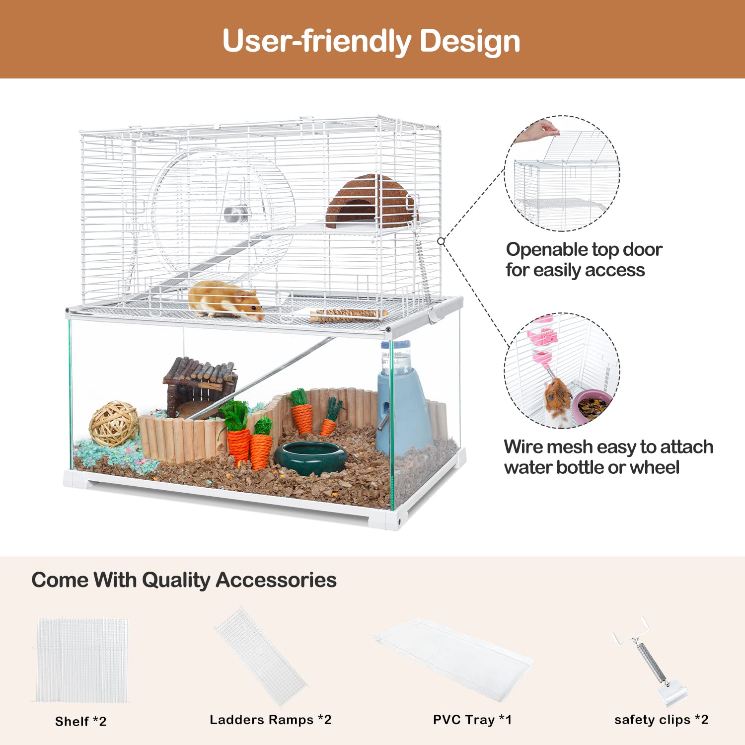Oiibo 3 Tiers Large Hamster Cages Glass, Heightened Wire Topper With Two Shelf And Two Ladders Ramps, Openable Top, Easy To Clea