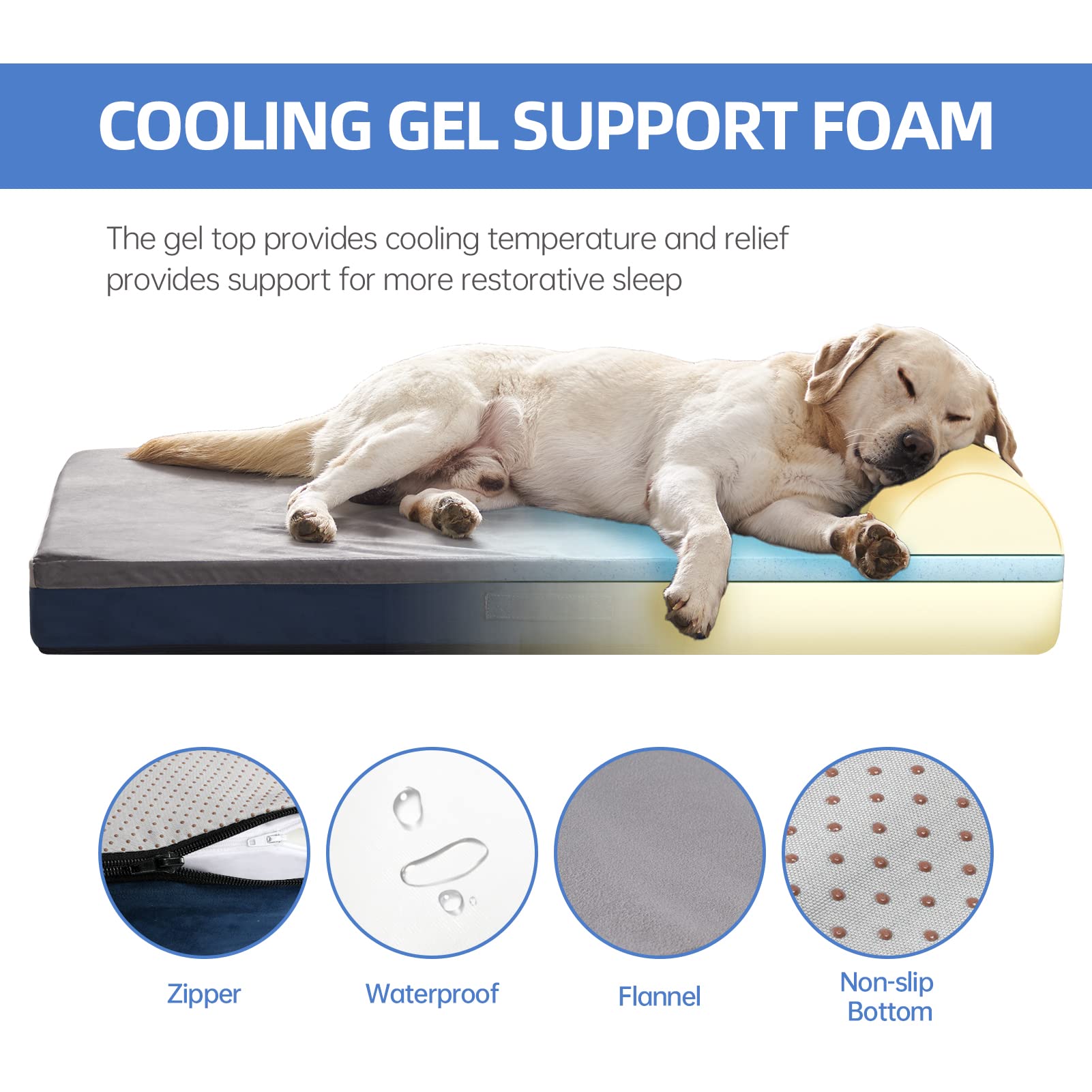 Wevego Dog Bed, Large Dog Bed With Pillow, Thicken Gel Memory Foam Flannel Fabrice Dog Bed, Durable Waterproof Liner & Removable Washable Cover With Non-Slip Bottom, Sizes Medium Blue
