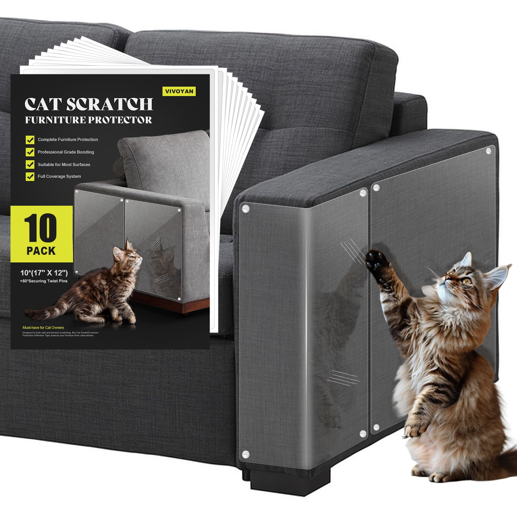 Anti Cat Scratch Furniture Protector, 10-Pack Couch Protector From Cat Claws For Sofa Corners, Walls & Doors - Heavy-Duty, Easy-